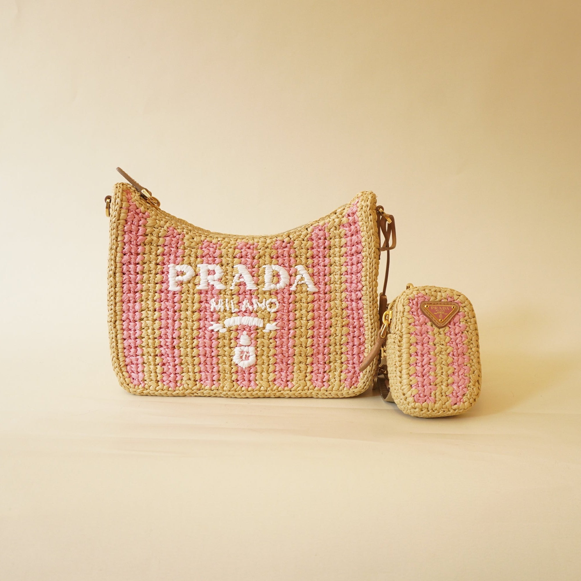 PRE-OWNED Yarn Raffia Effect Crochet Striped Re-Edition 2005 Shoulder Bag Naturale Petalo