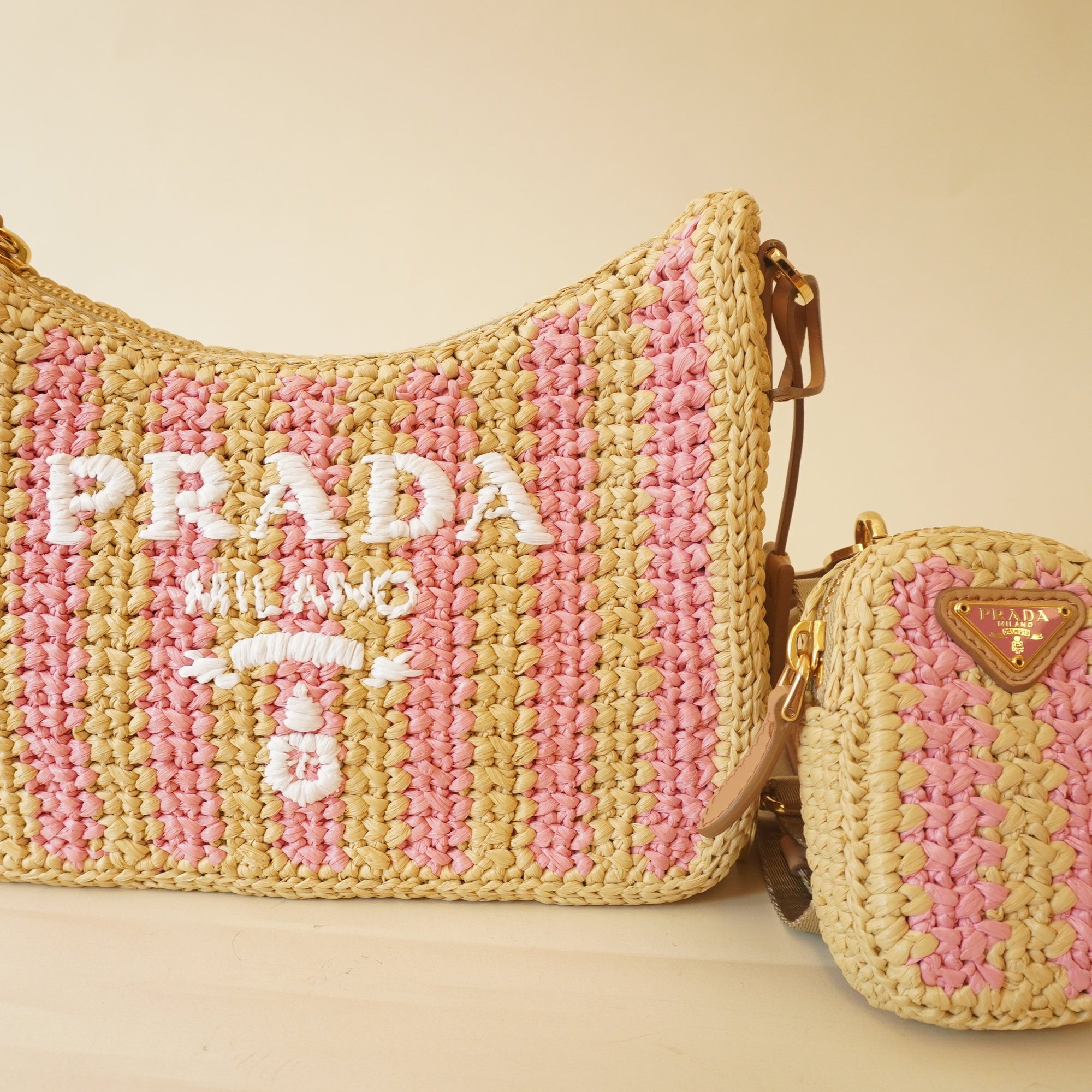 PRE-OWNED Yarn Raffia Effect Crochet Striped Re-Edition 2005 Shoulder Bag Naturale Petalo