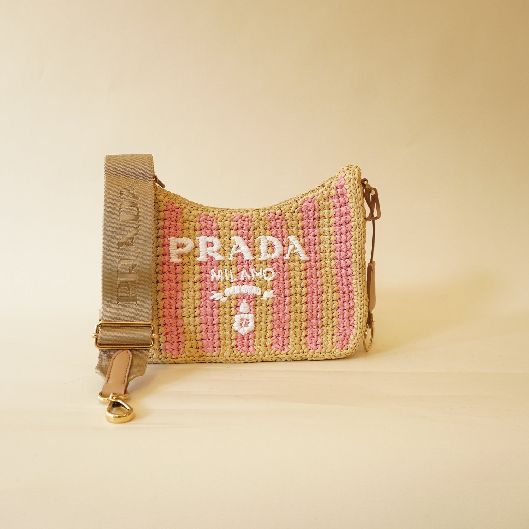 PRE-OWNED Yarn Raffia Effect Crochet Striped Re-Edition 2005 Shoulder Bag Naturale Petalo