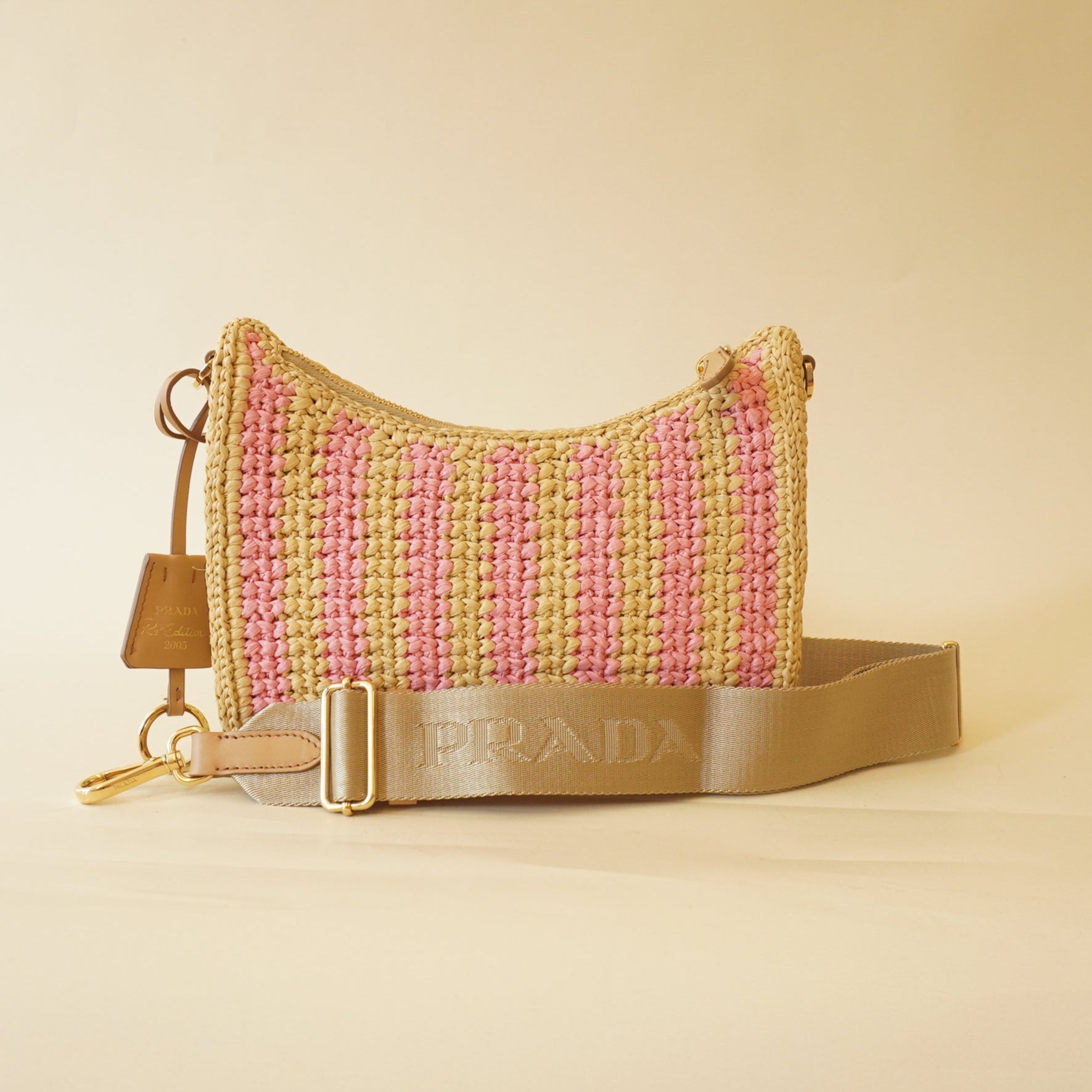 PRE-OWNED Yarn Raffia Effect Crochet Striped Re-Edition 2005 Shoulder Bag Naturale Petalo