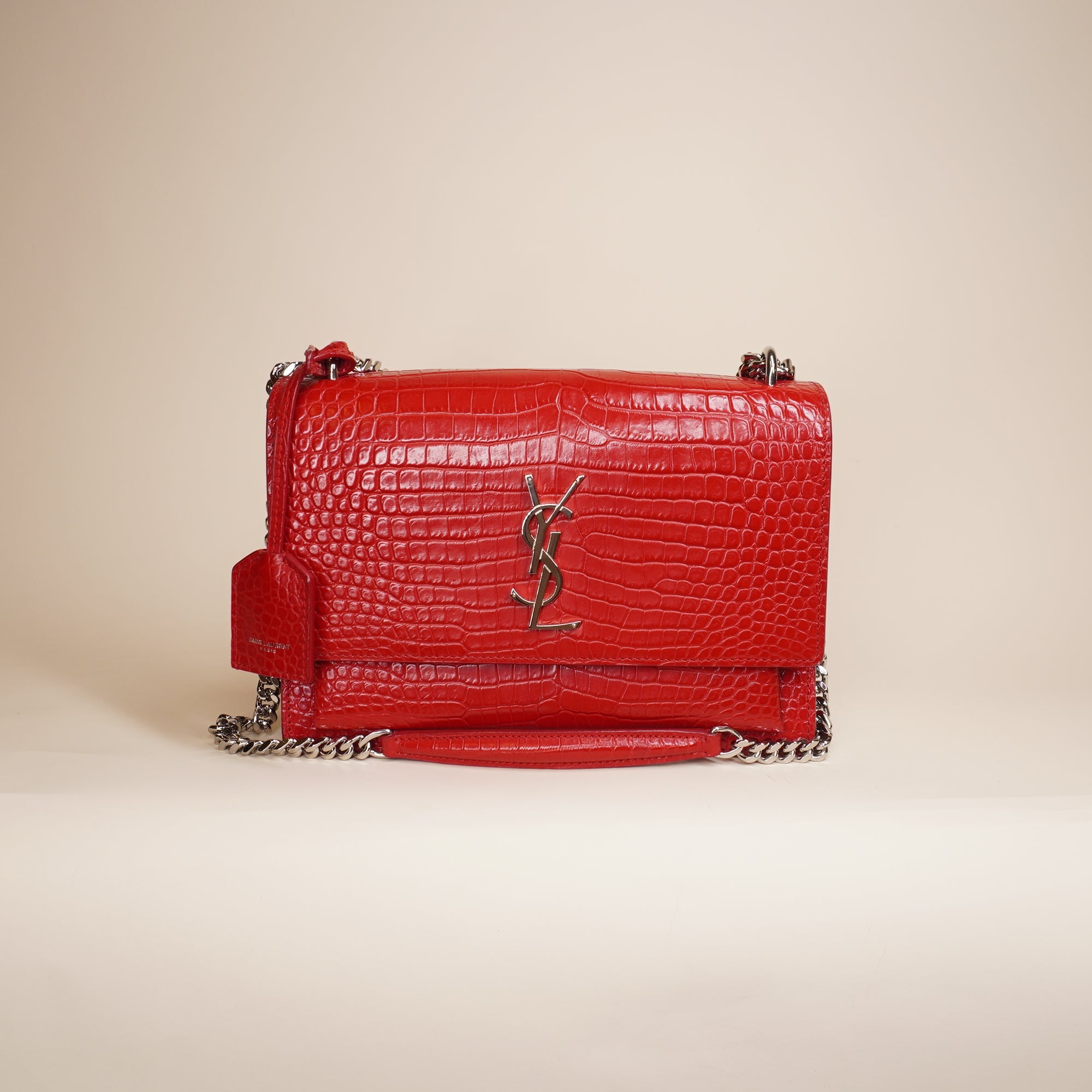 PRE-OWNED YSL Calfskin Crocodile Embossed Medium Monogram Sunset Rouge Eros