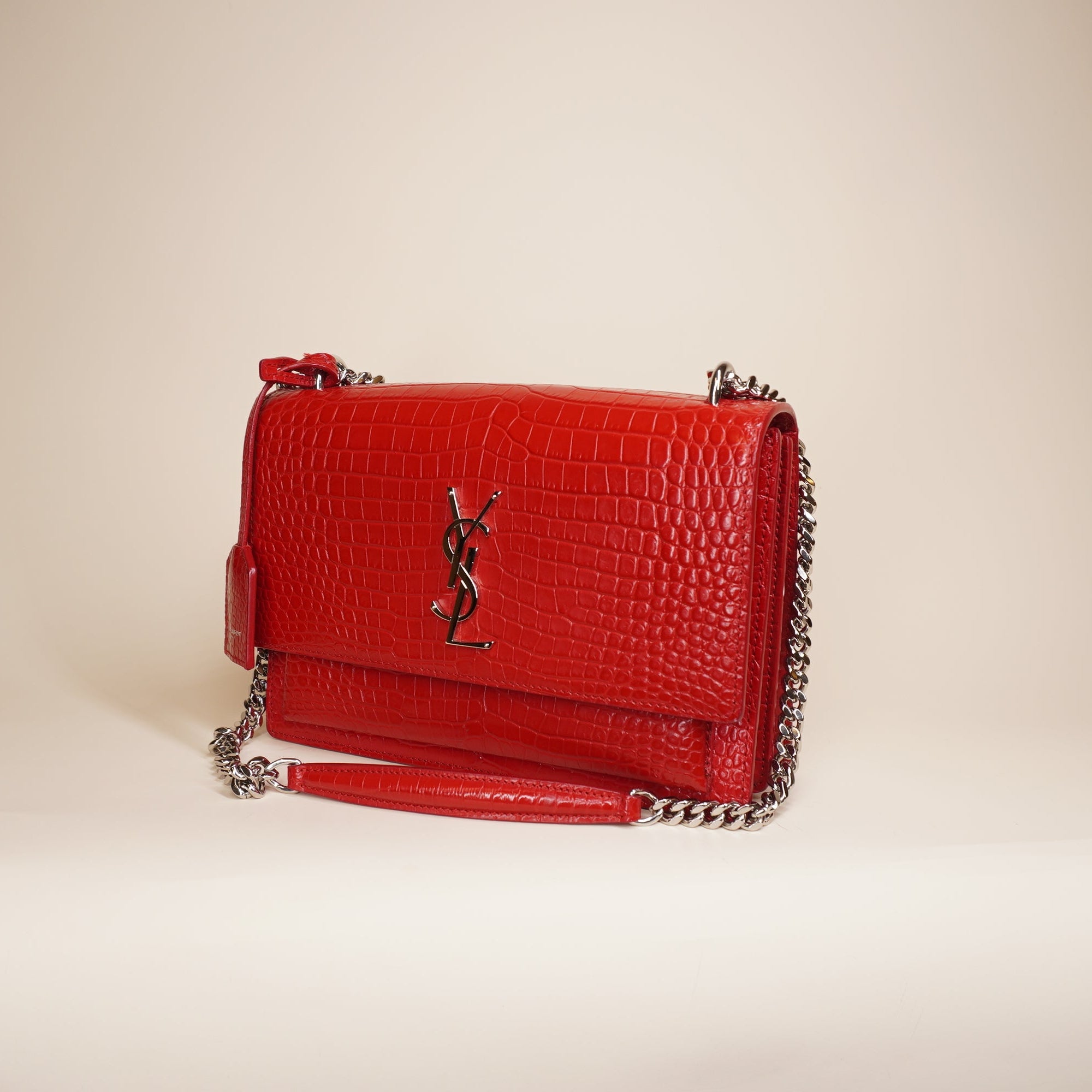 PRE-OWNED YSL Calfskin Crocodile Embossed Medium Monogram Sunset Rouge Eros