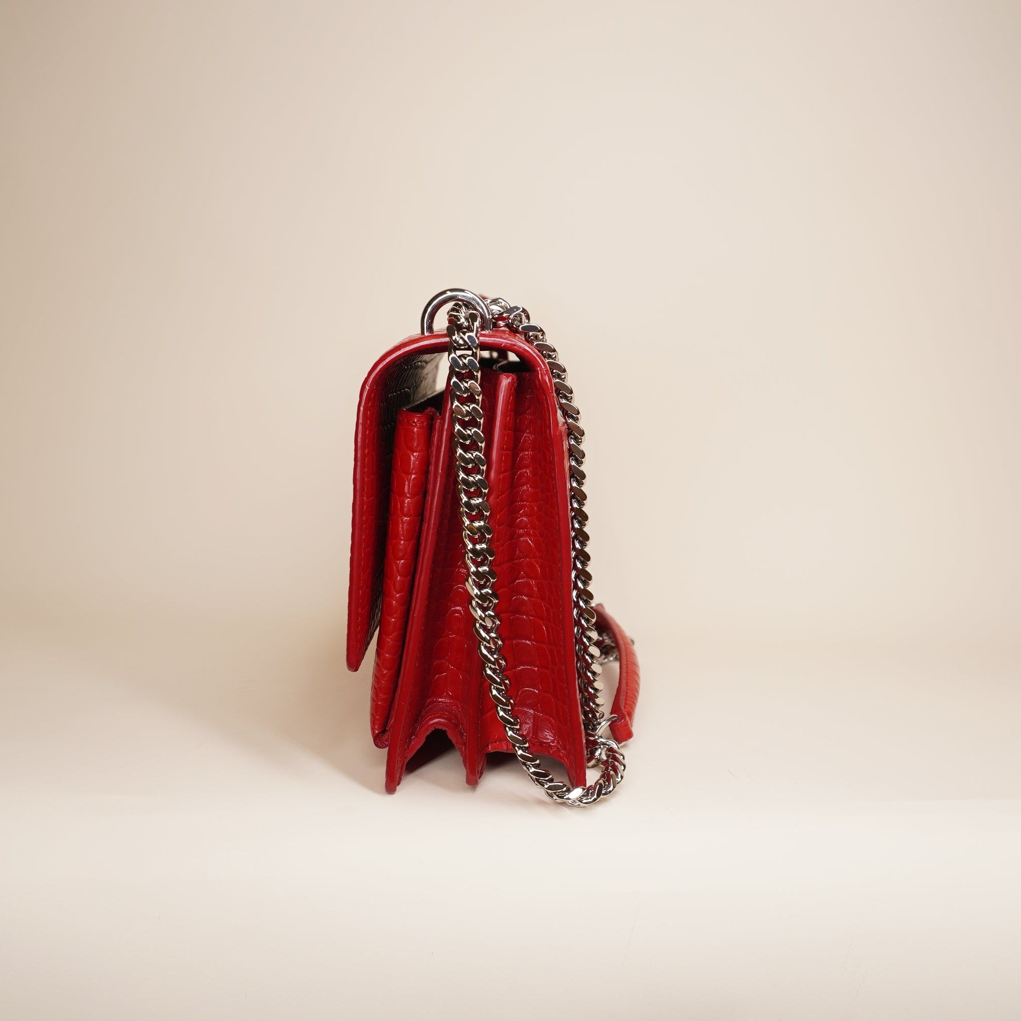 PRE-OWNED YSL Calfskin Crocodile Embossed Medium Monogram Sunset Rouge Eros