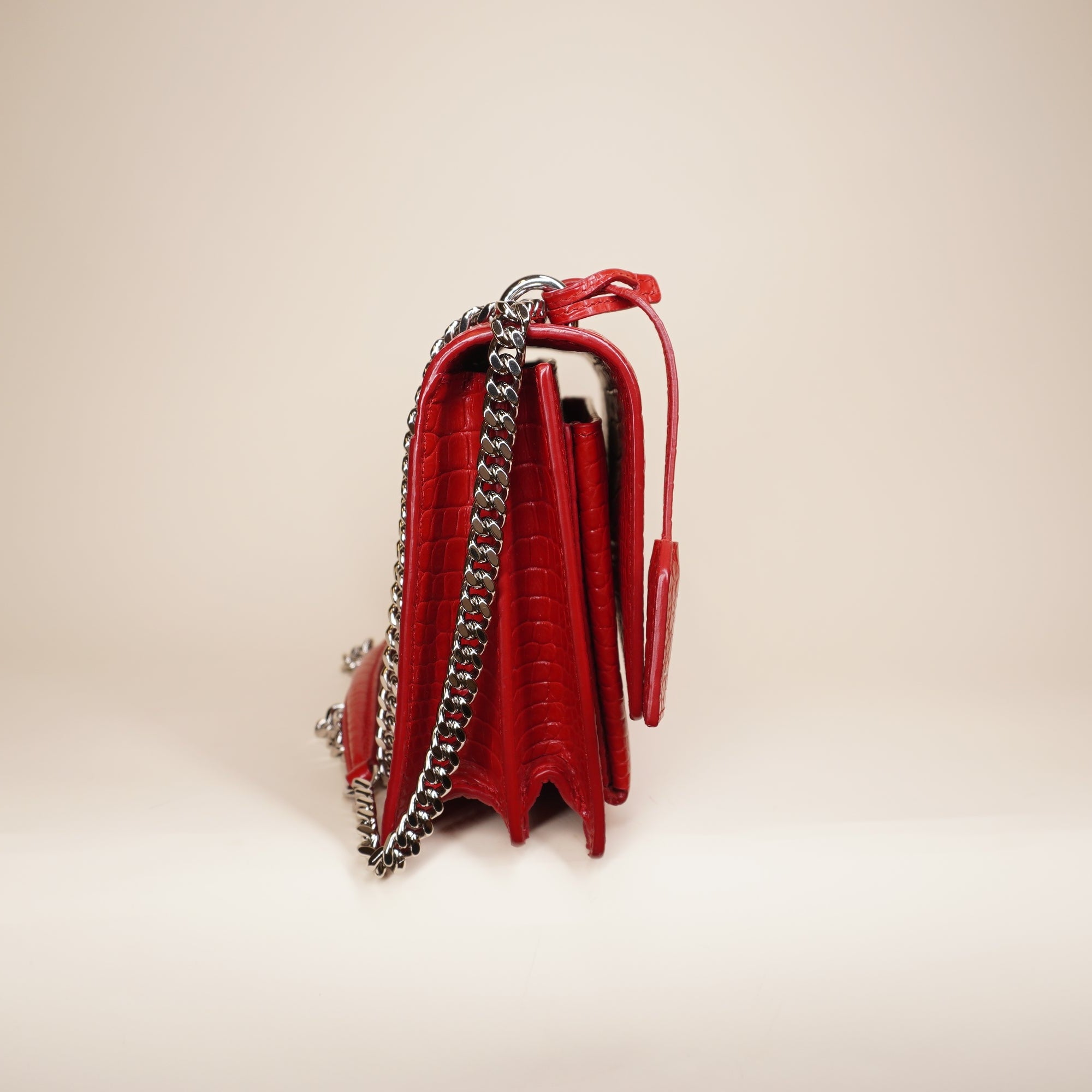 PRE-OWNED YSL Calfskin Crocodile Embossed Medium Monogram Sunset Rouge Eros