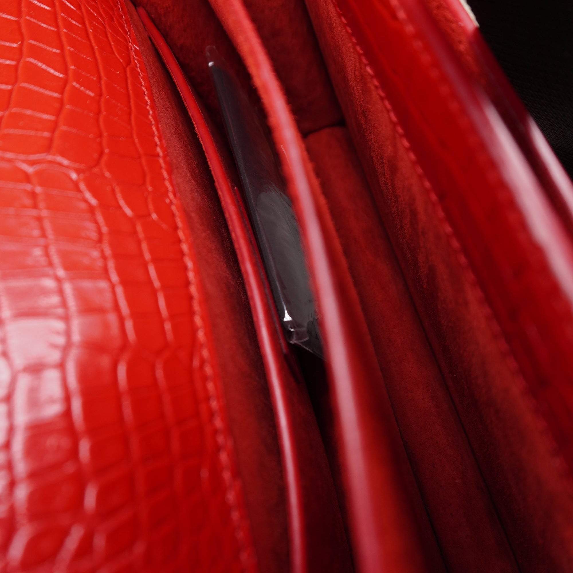 PRE-OWNED YSL Calfskin Crocodile Embossed Medium Monogram Sunset Rouge Eros