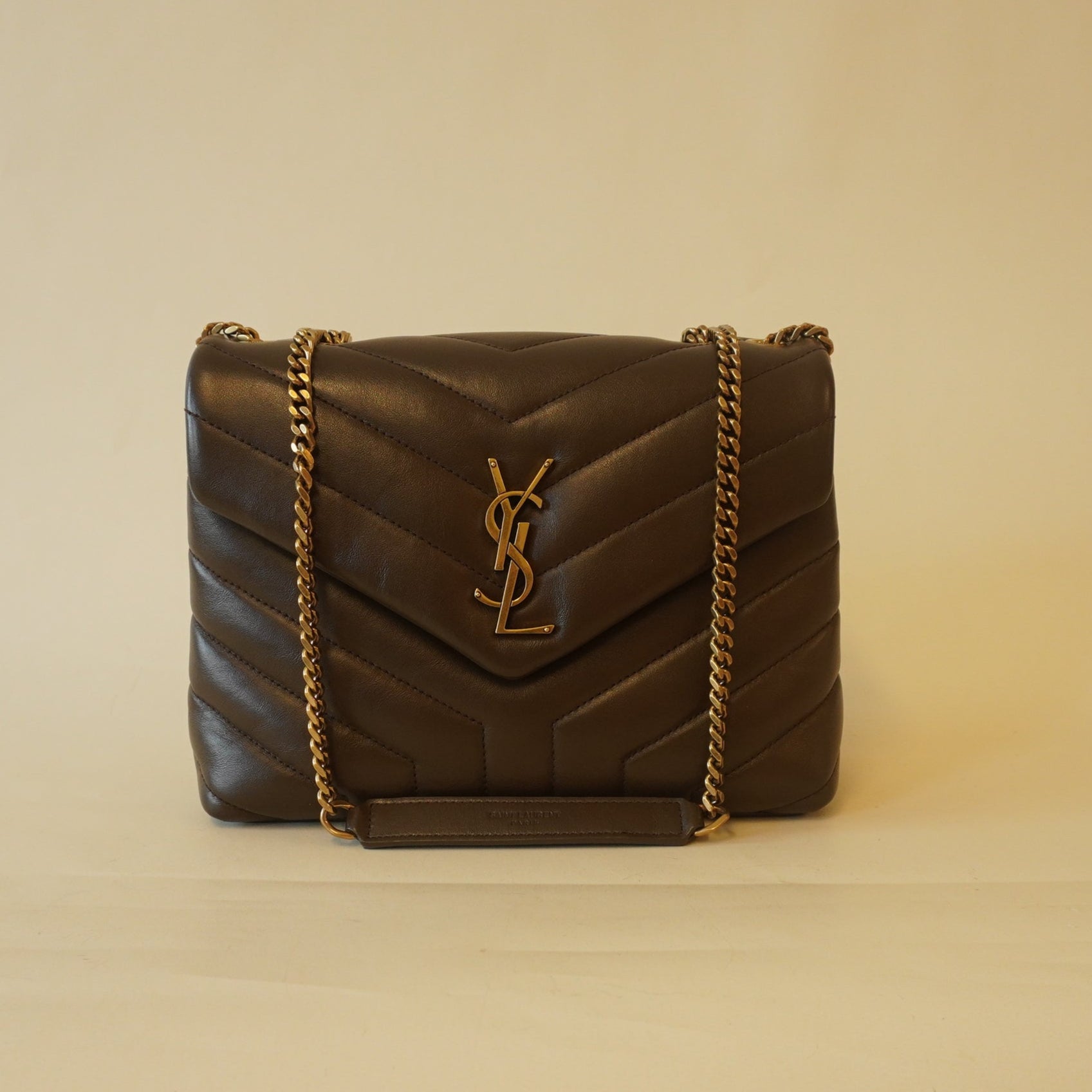 PRE-OWNED Calfskin Y Quilted Monogram Loulou Chain Satchel Soil Brown shoulder bag