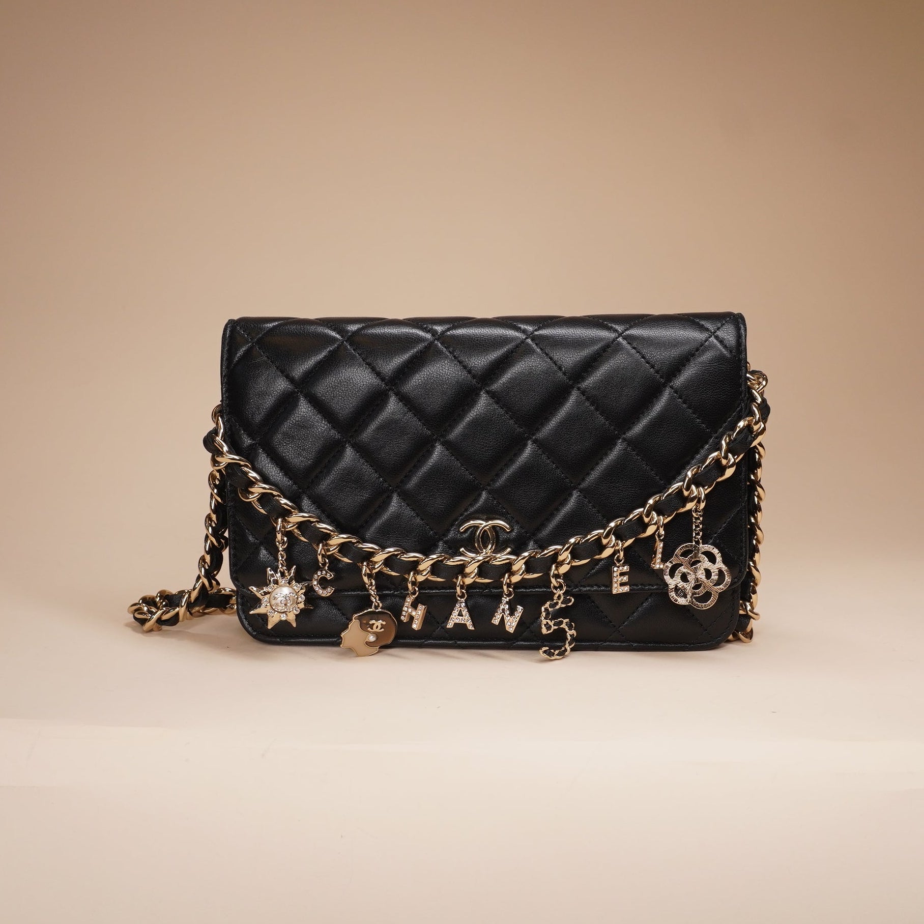 PRE-OWNED CC Black Lambskin Coco Charms Wallet on a Chain Crossbody Bag