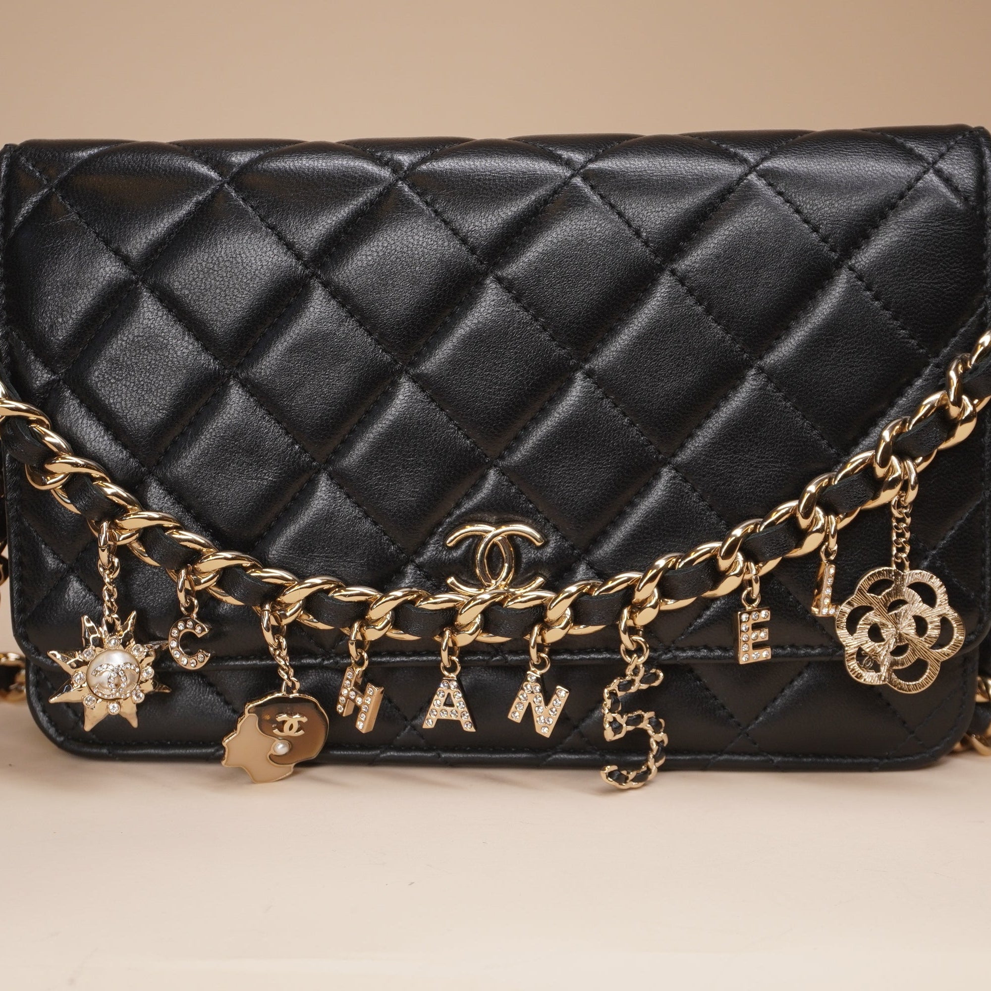PRE-OWNED CC Black Lambskin Coco Charms Wallet on a Chain Crossbody Bag