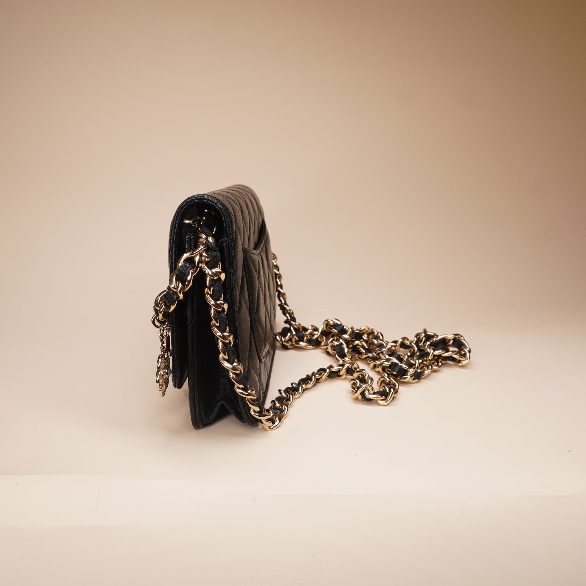 PRE-OWNED CC Black Lambskin Coco Charms Wallet on a Chain Crossbody Bag