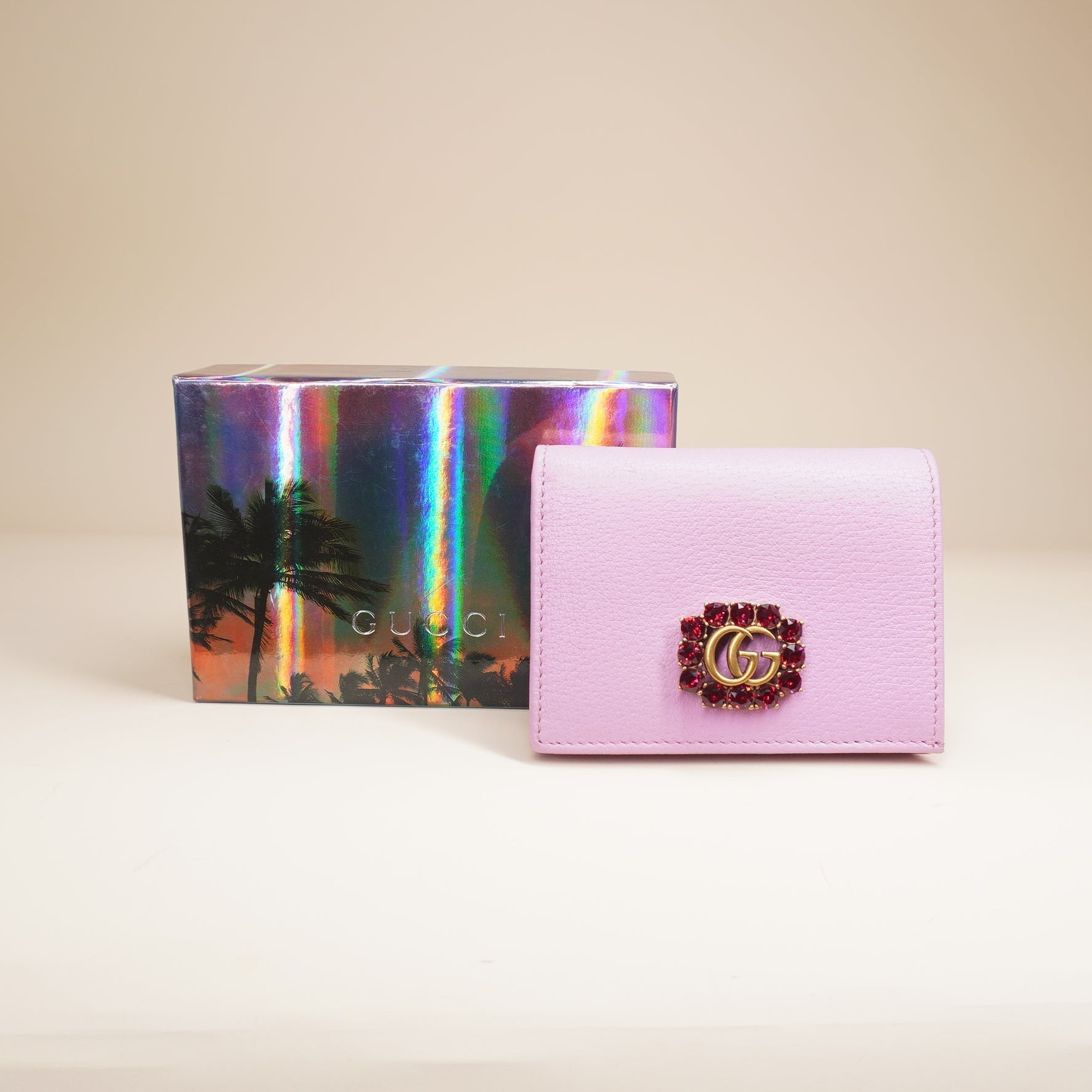 PRE-OWNED GG Marmont bi-fold wallet in pink leather with a crystal-encrusted Double G