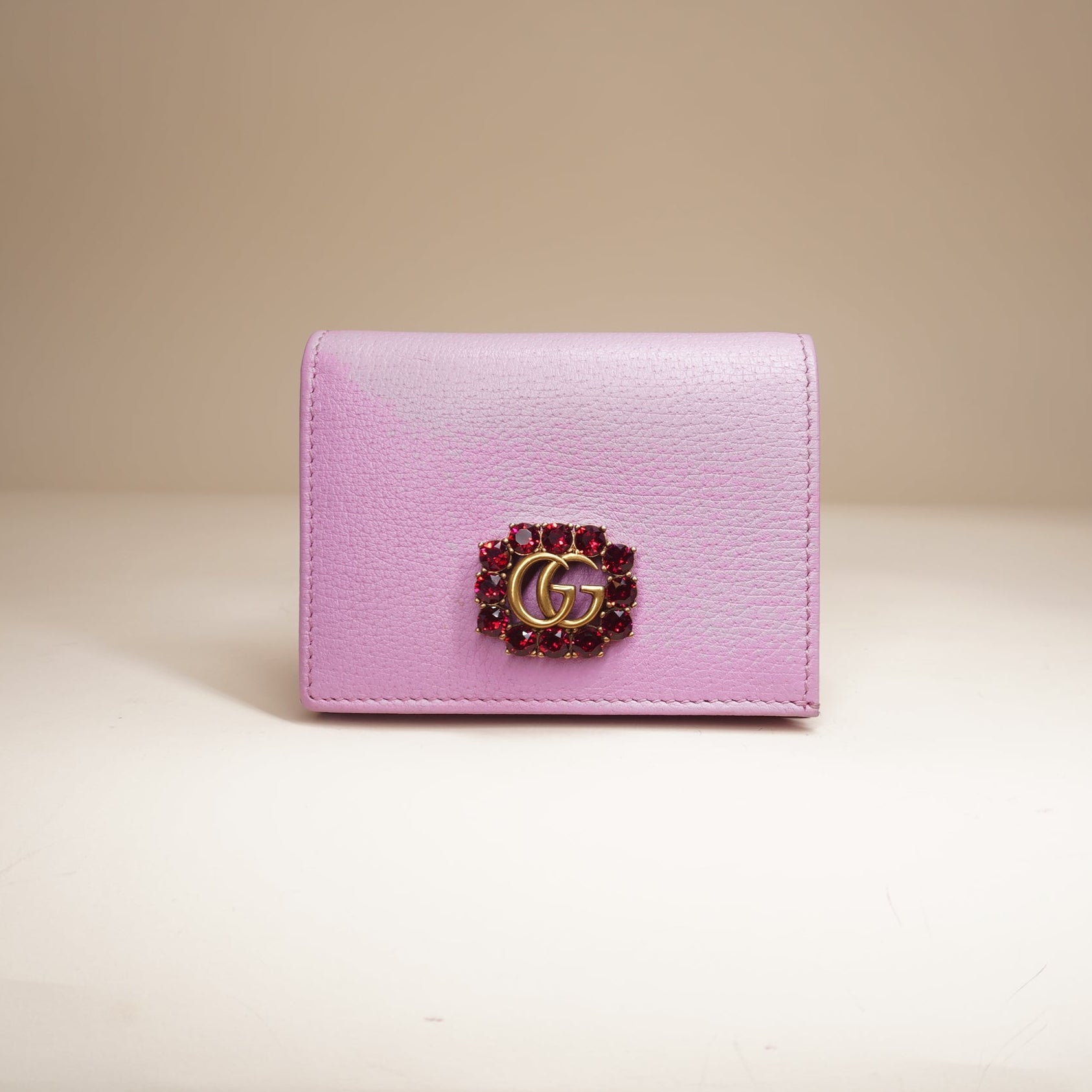PRE-OWNED GG Marmont bi-fold wallet in pink leather with a crystal-encrusted Double G