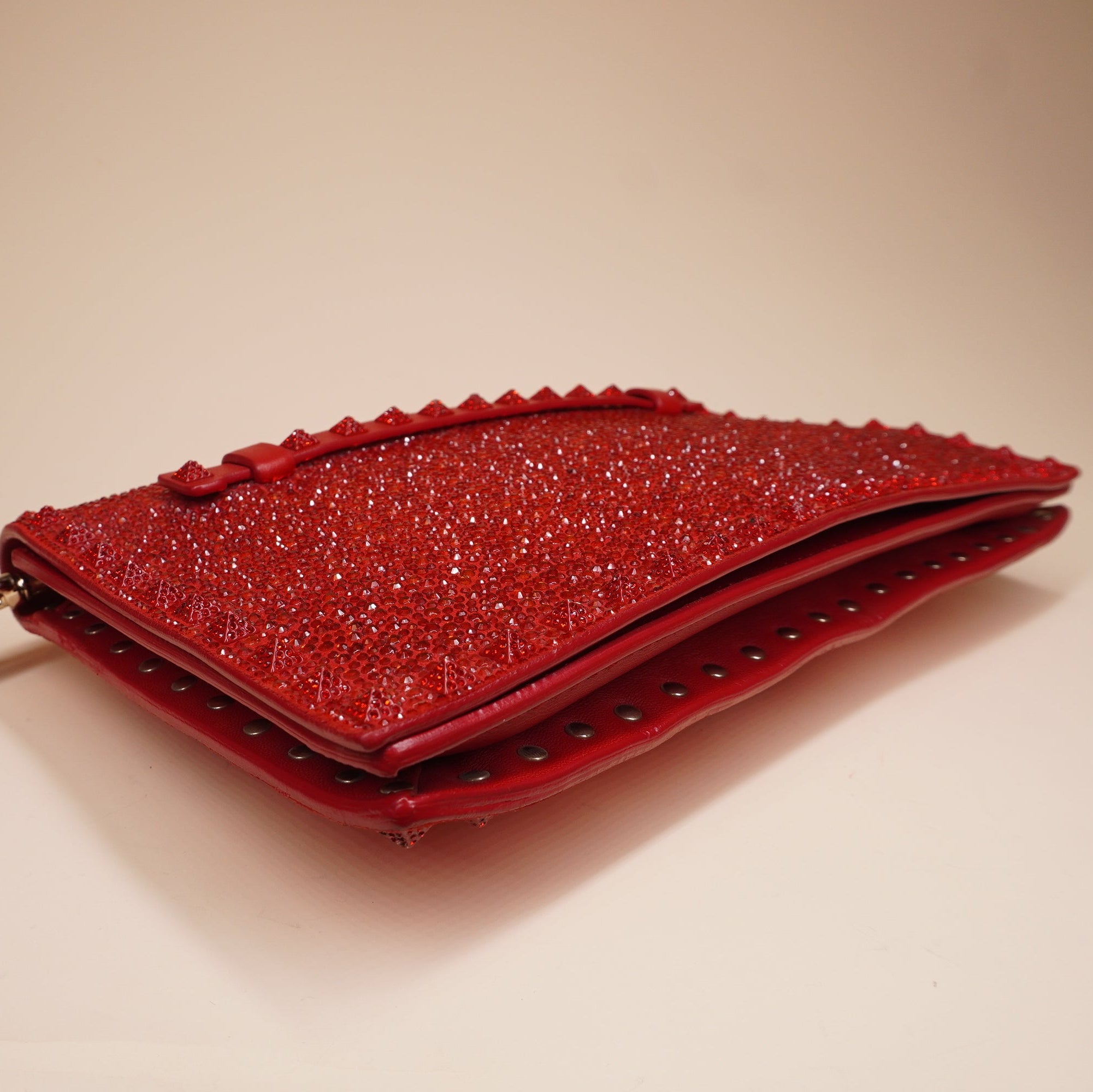 PRE-OWNED Red Nappa Crystal Embellished Clutch