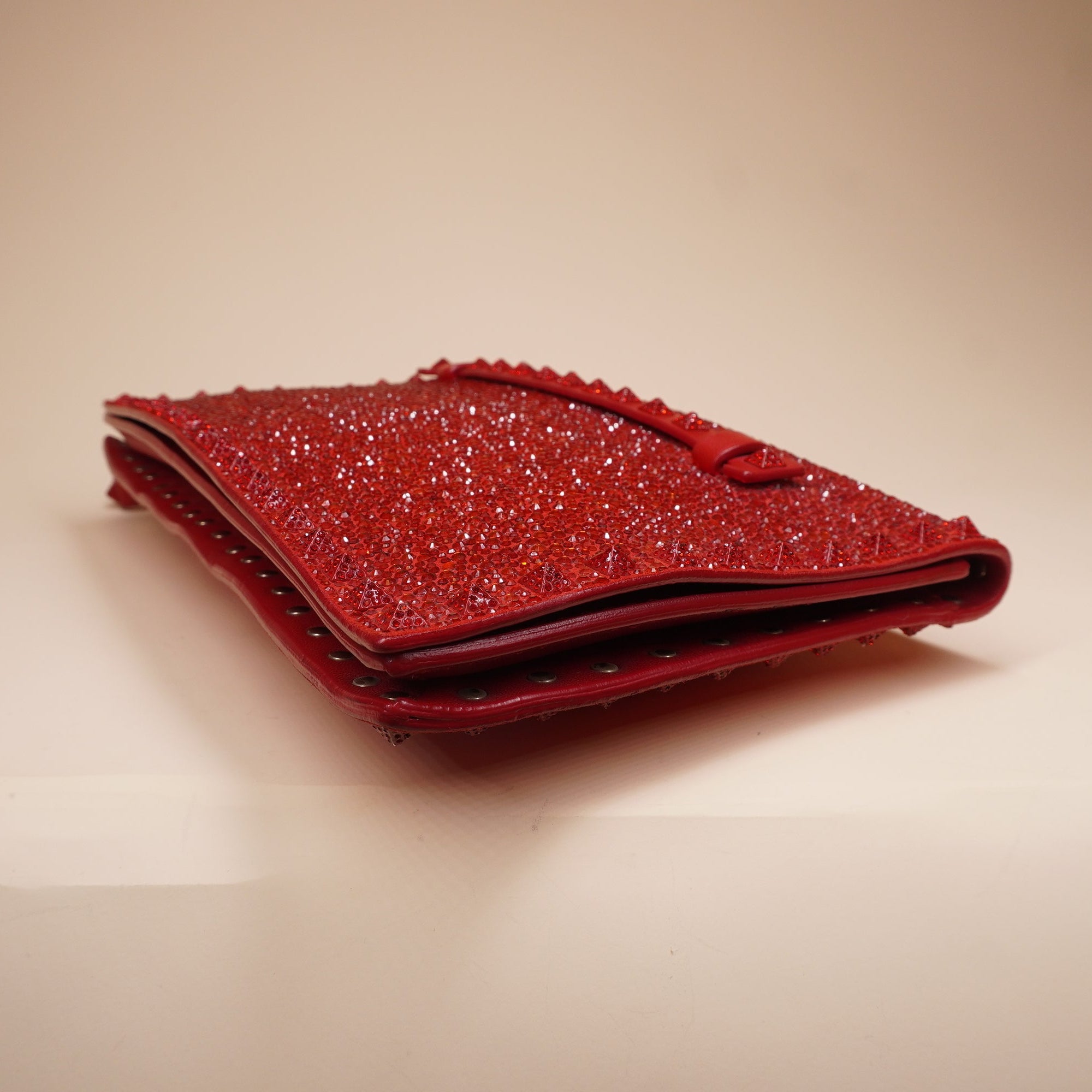 PRE-OWNED Red Nappa Crystal Embellished Clutch