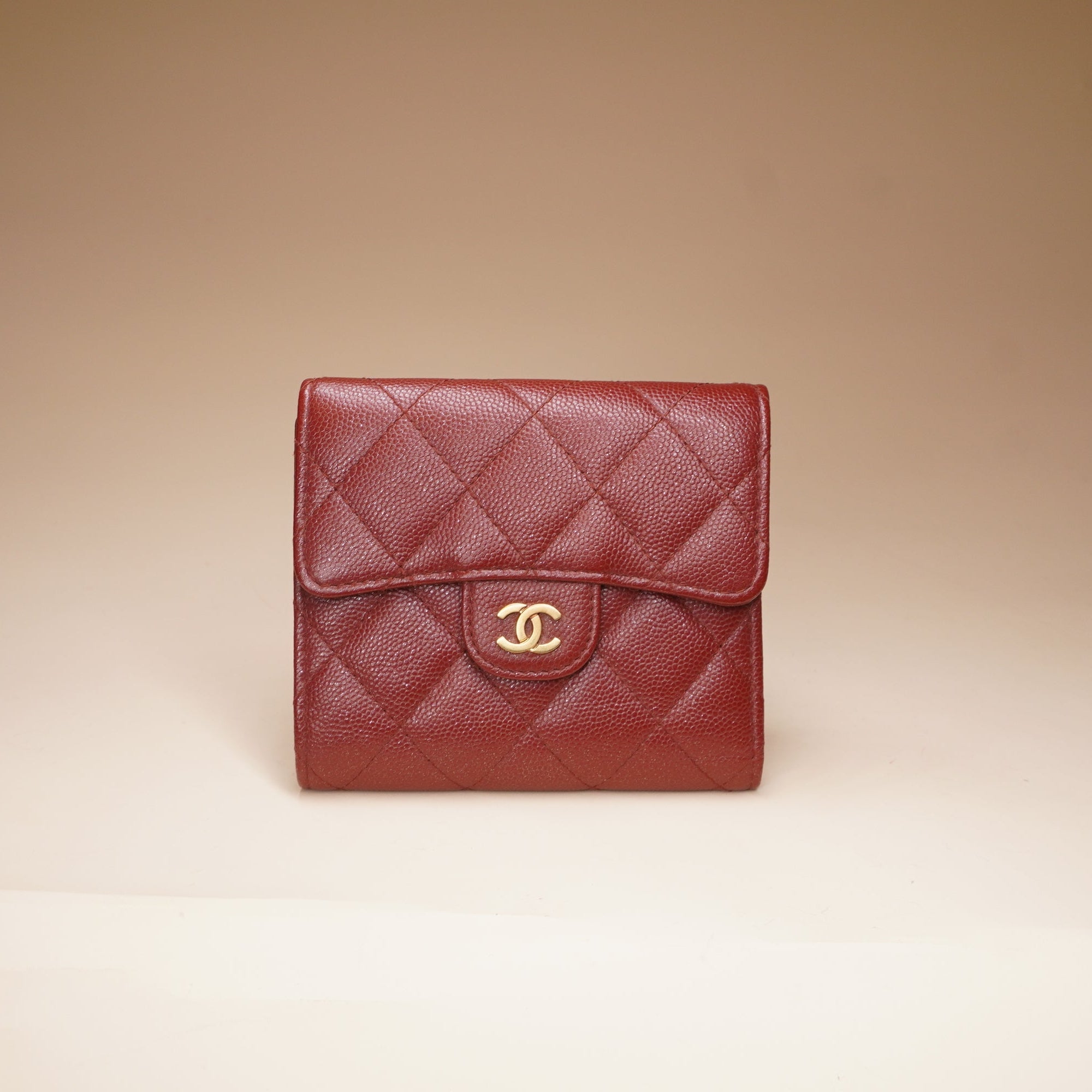 PRE-OWNED CC Red Caviar Quilted Compact Flap Wallet