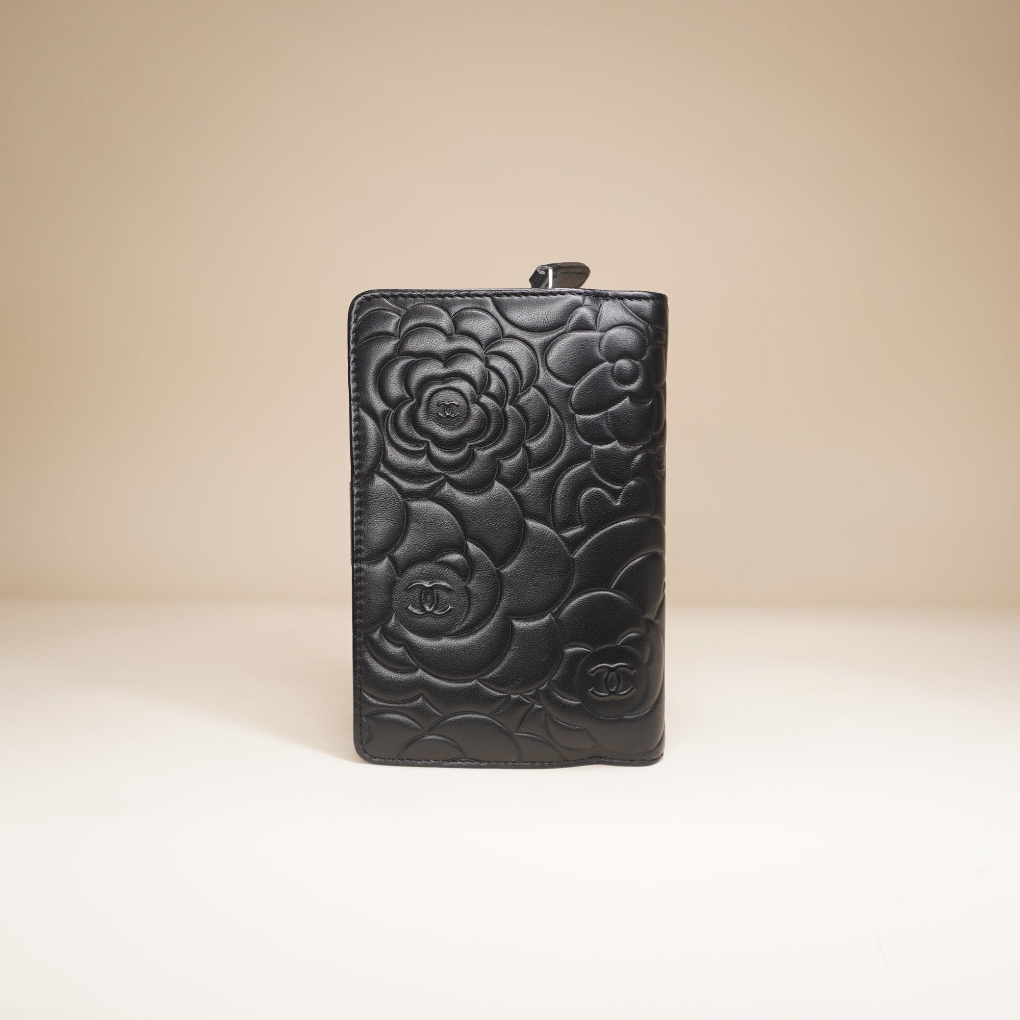 PRE-OWNED Black Leather CC Camellia French Wallet