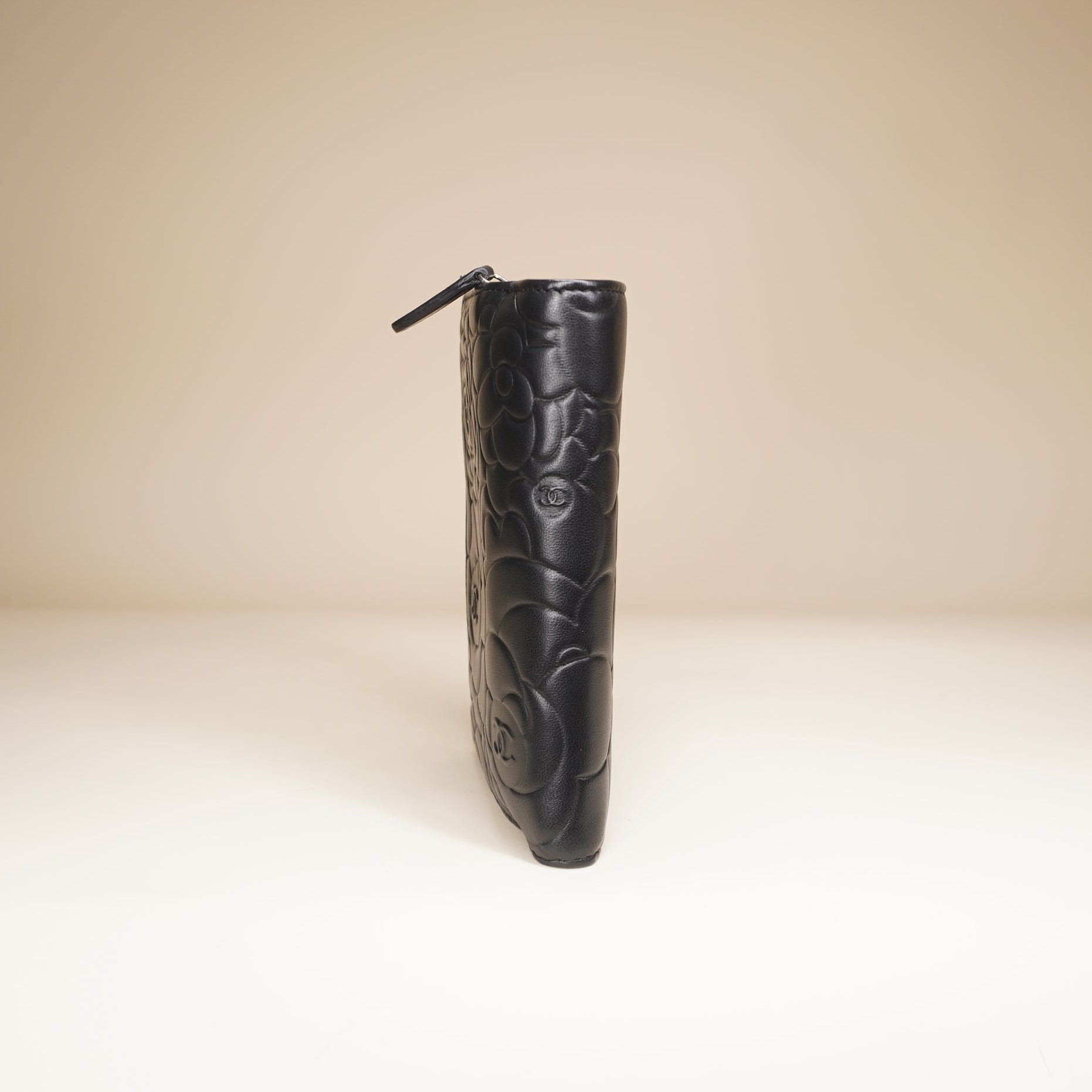 PRE-OWNED Black Leather CC Camellia French Wallet