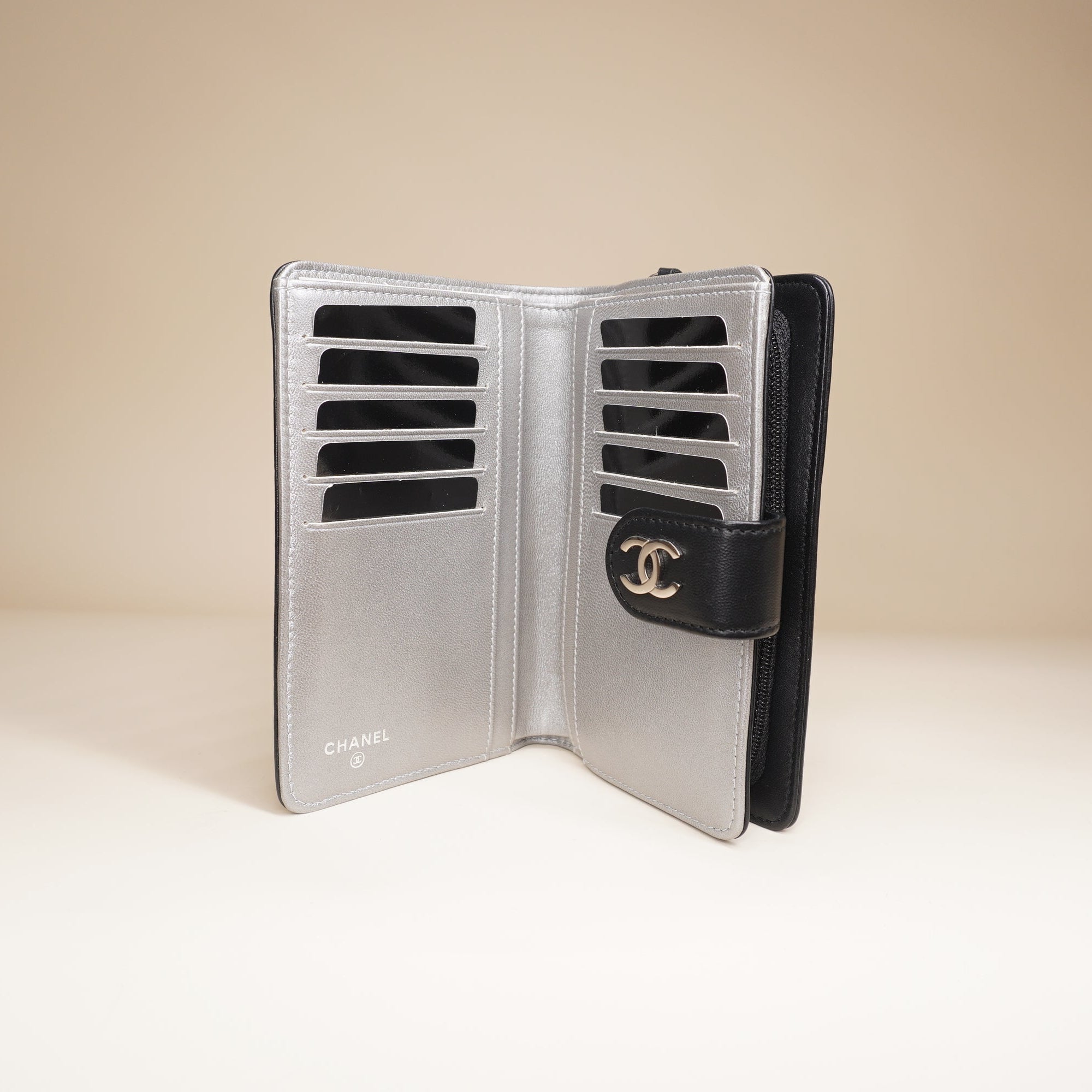 PRE-OWNED Black Leather CC Camellia French Wallet