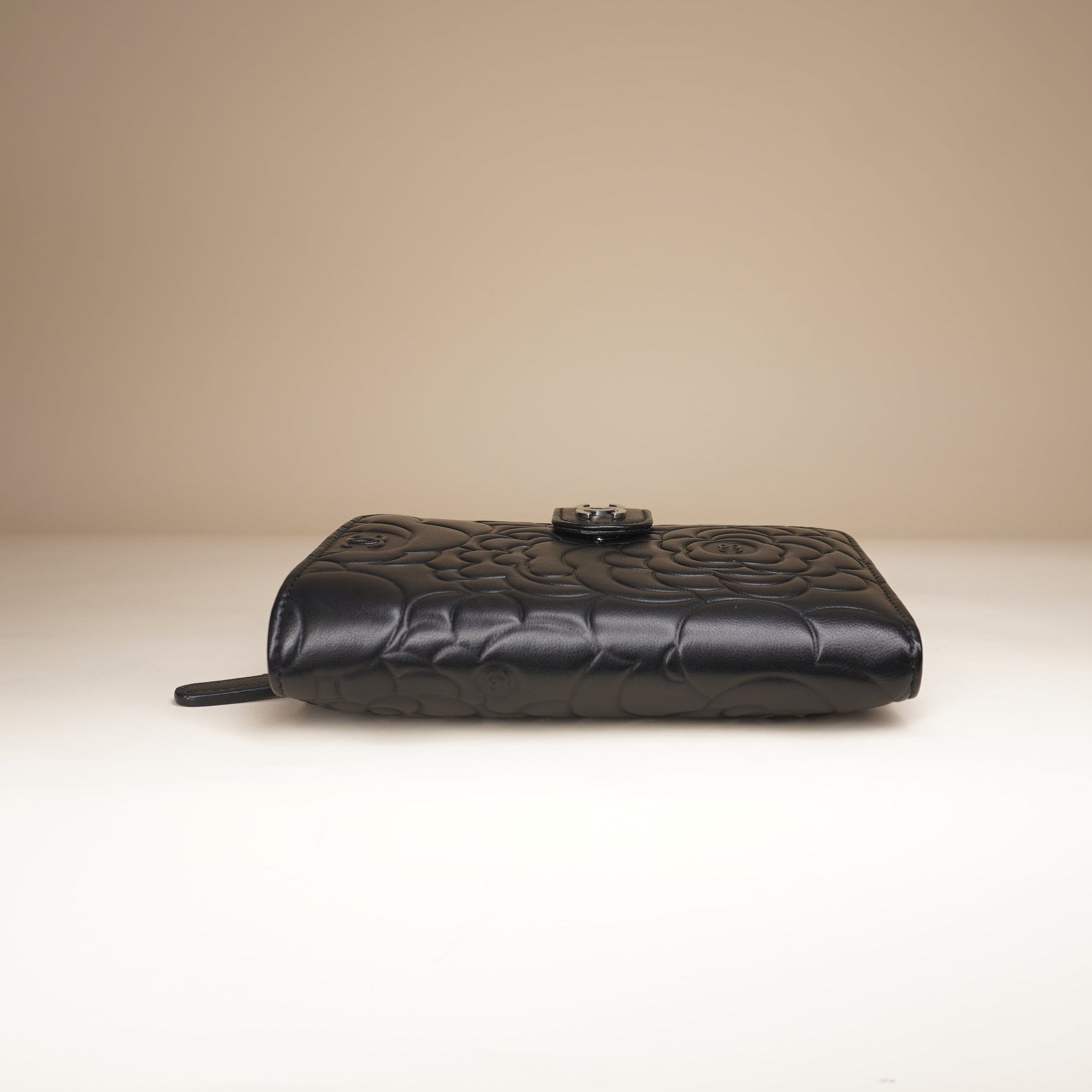 PRE-OWNED Black Leather CC Camellia French Wallet