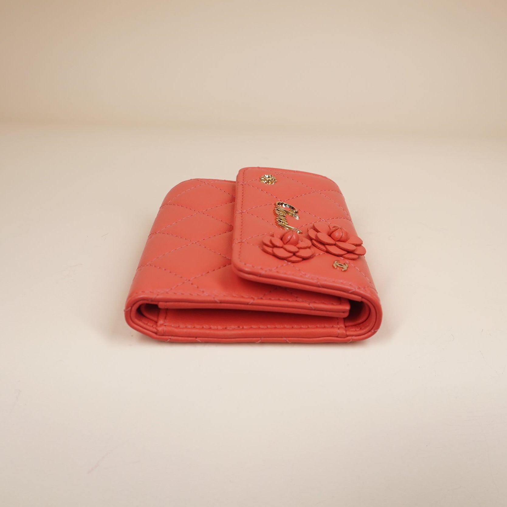 PRE-OWNED Pink Camellia Leather Long Wallet 