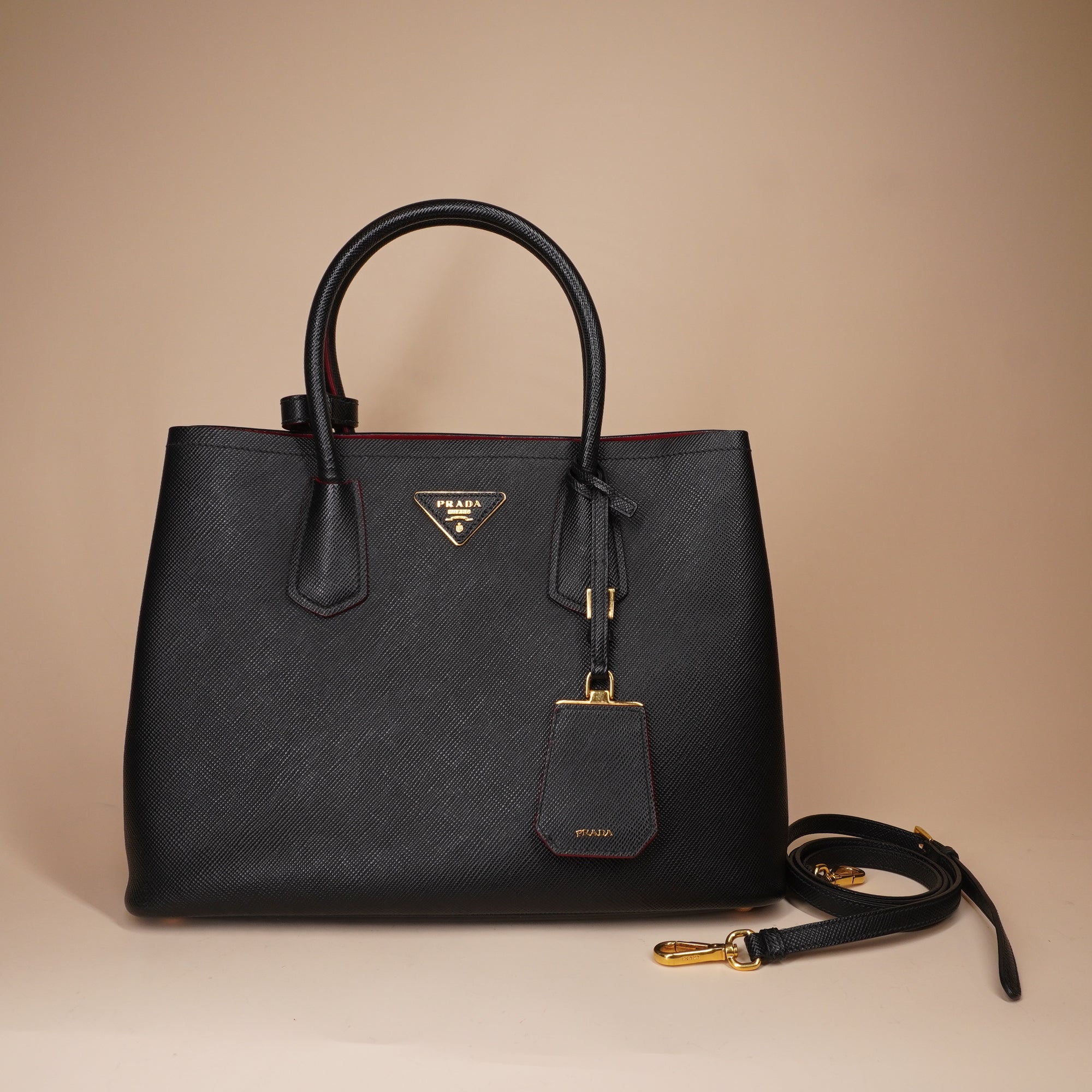 PRE-OWNED  Black Saffiano Cuir Medium Double Shoulder Bag 
