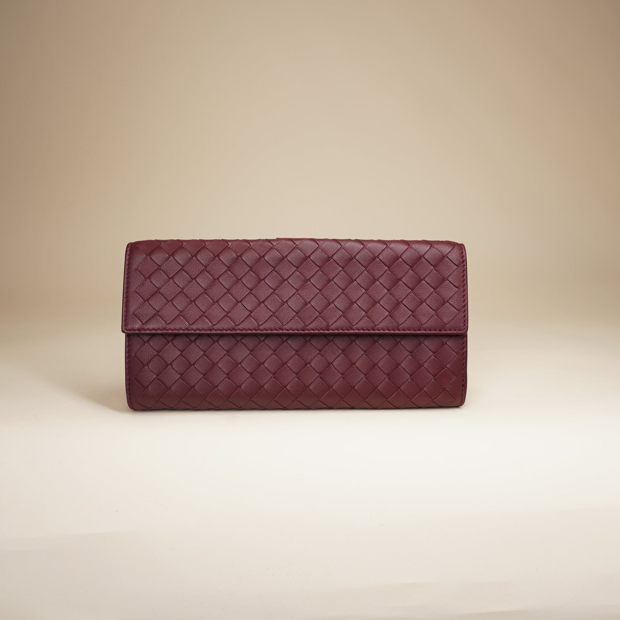 PRE-OWNED  Burgundy Intrecciato Leather Continental Flap Wallet