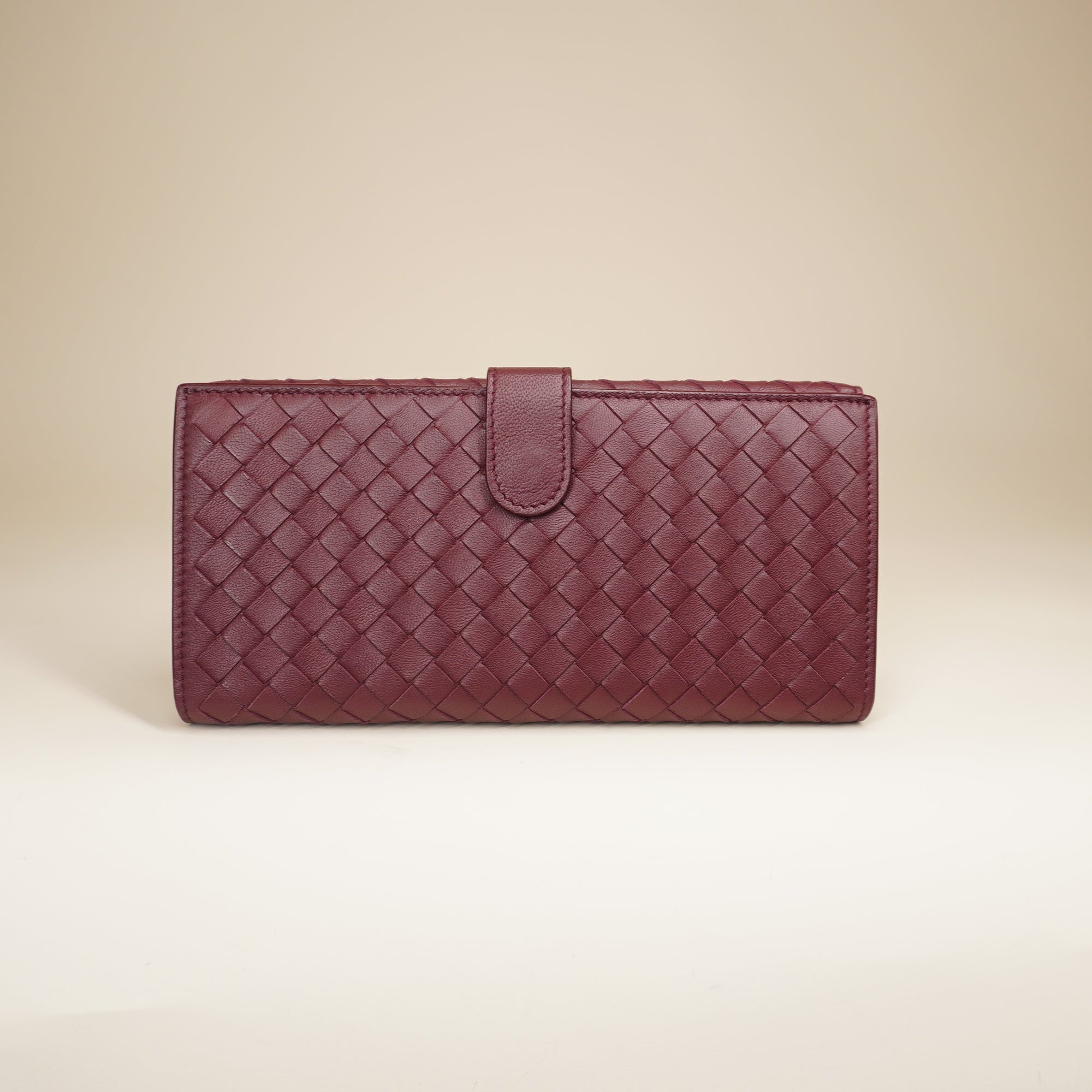 PRE-OWNED  Burgundy Intrecciato Leather Continental Flap Wallet
