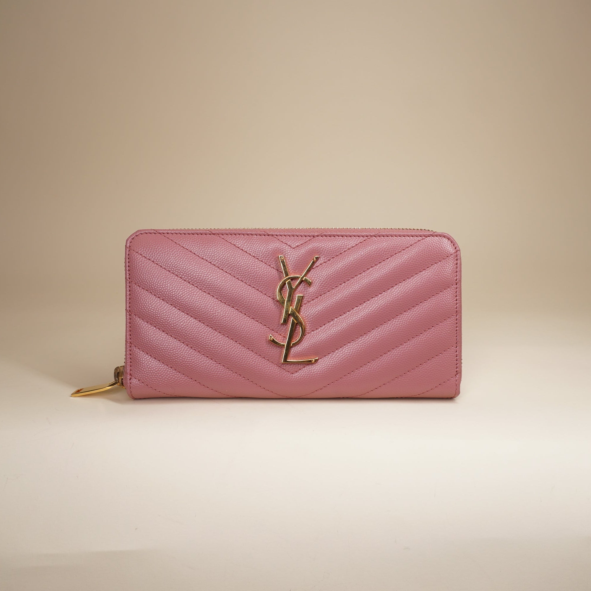 PRE-OWNED YSL Grain De Poudre Matelasse Chevron Monogram Zip Around Wallet 