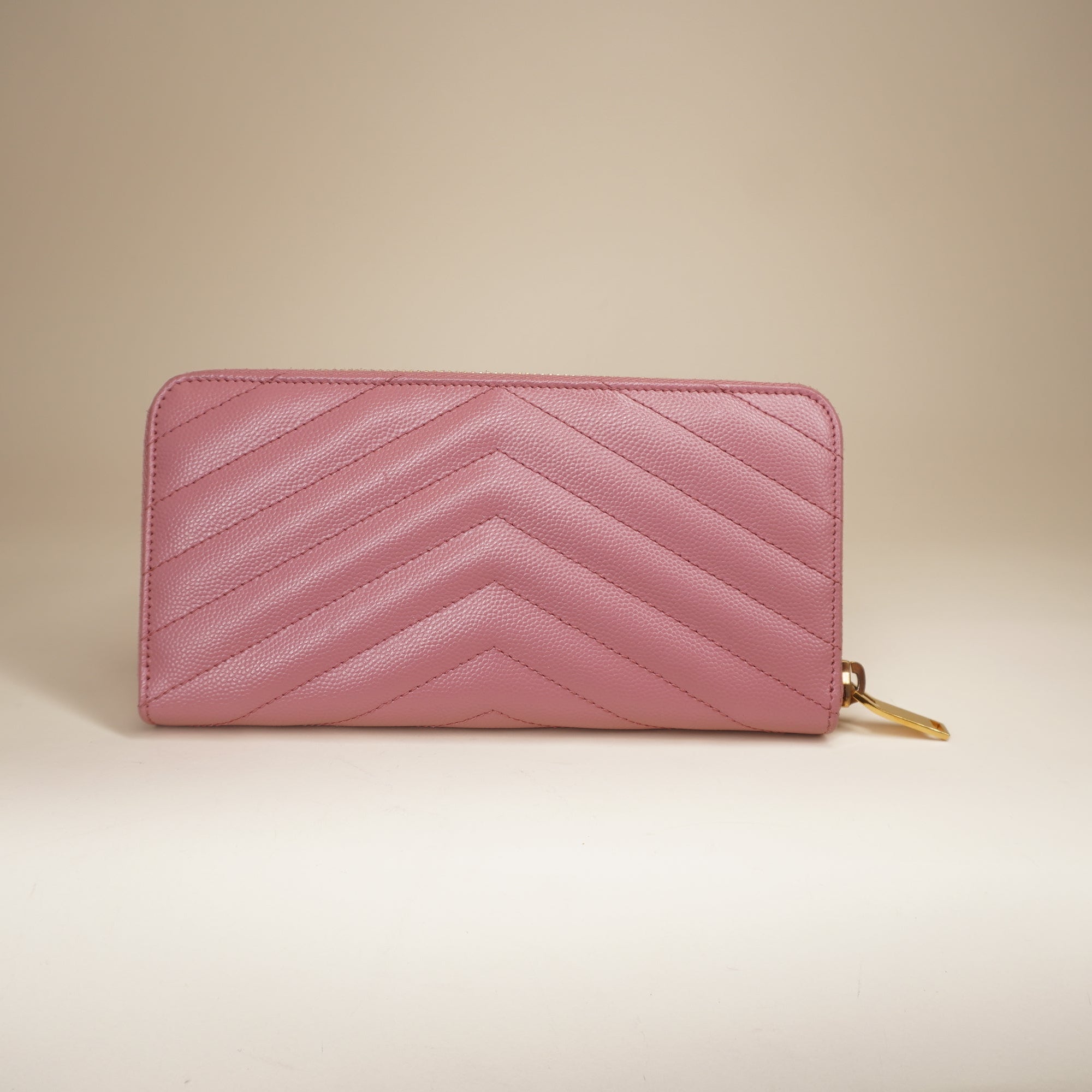 PRE-OWNED YSL Grain De Poudre Matelasse Chevron Monogram Zip Around Wallet 