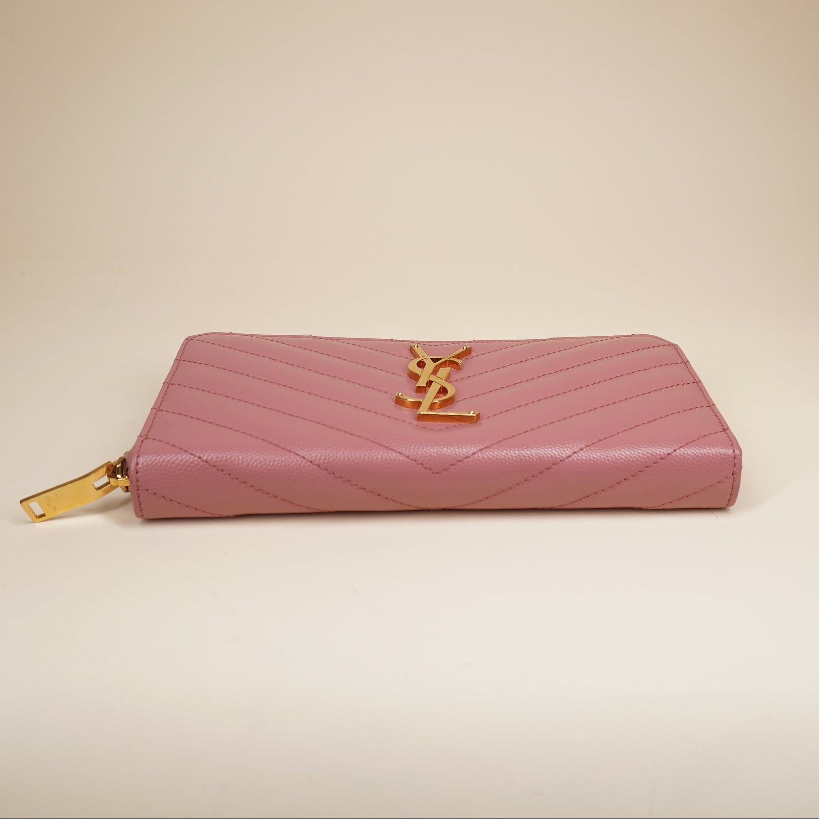 PRE-OWNED YSL Grain De Poudre Matelasse Chevron Monogram Zip Around Wallet 