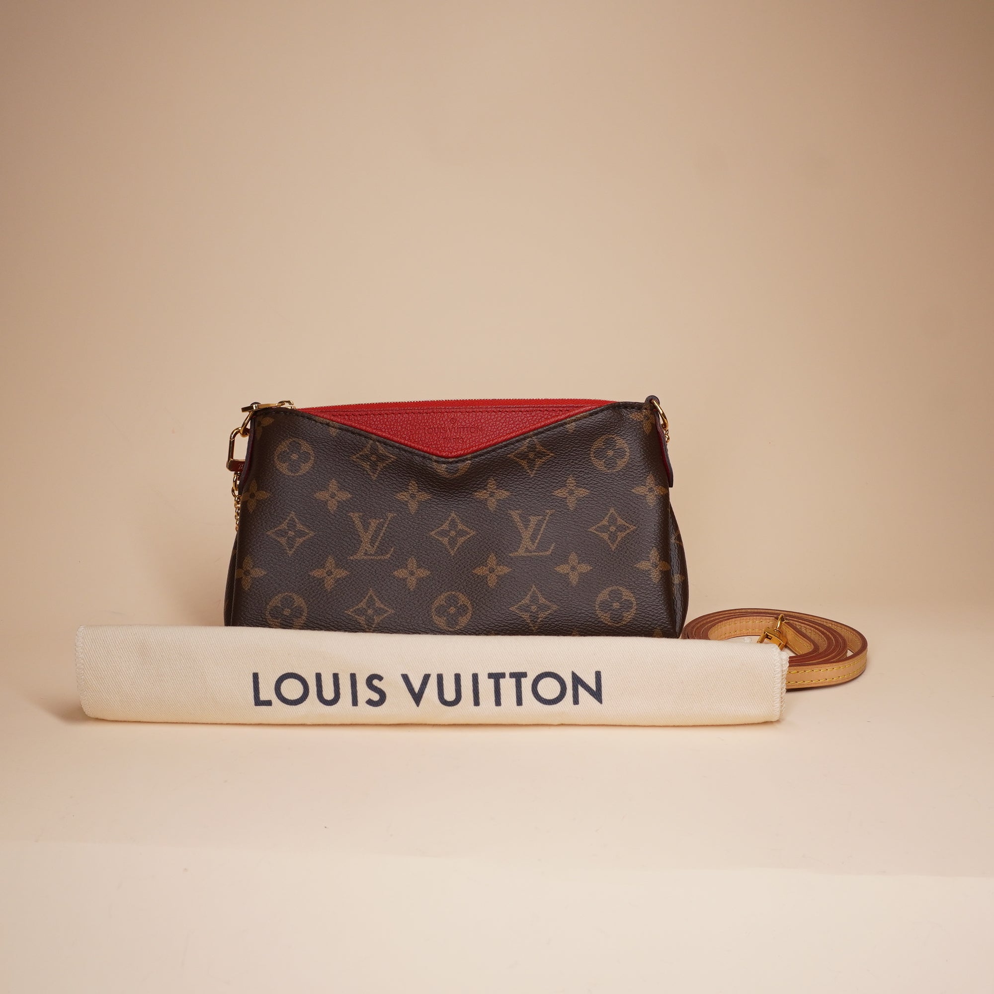 PRE-OWNED LV Monogram Pallas Clutch Cherry Red Gold Chain Strap
