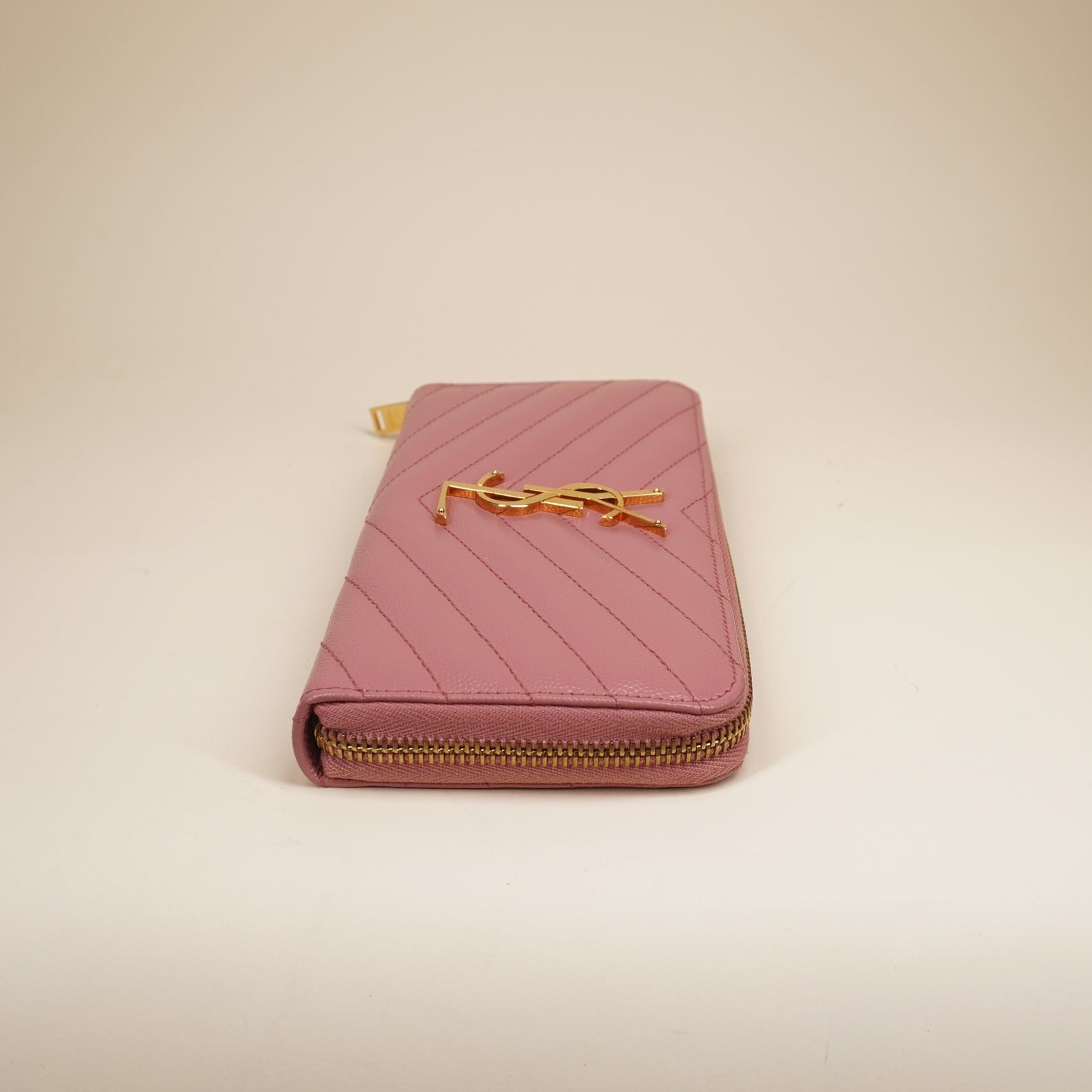 PRE-OWNED YSL Grain De Poudre Matelasse Chevron Monogram Zip Around Wallet 