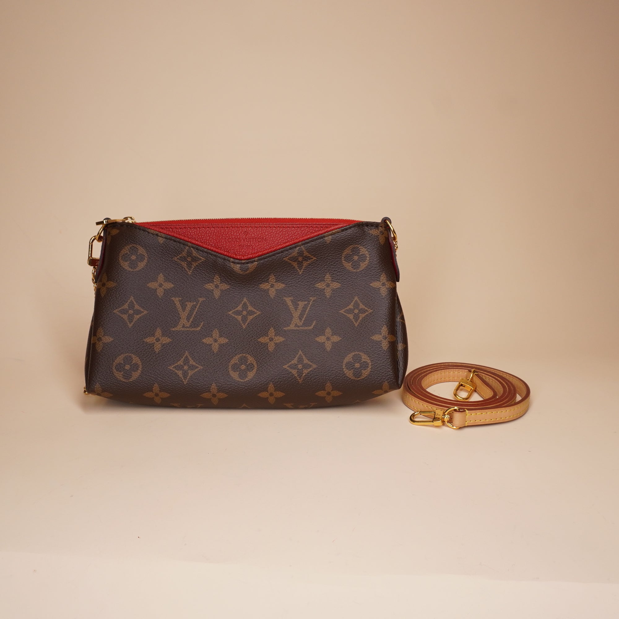 PRE-OWNED LV Monogram Pallas Clutch Cherry Red Gold Chain Strap