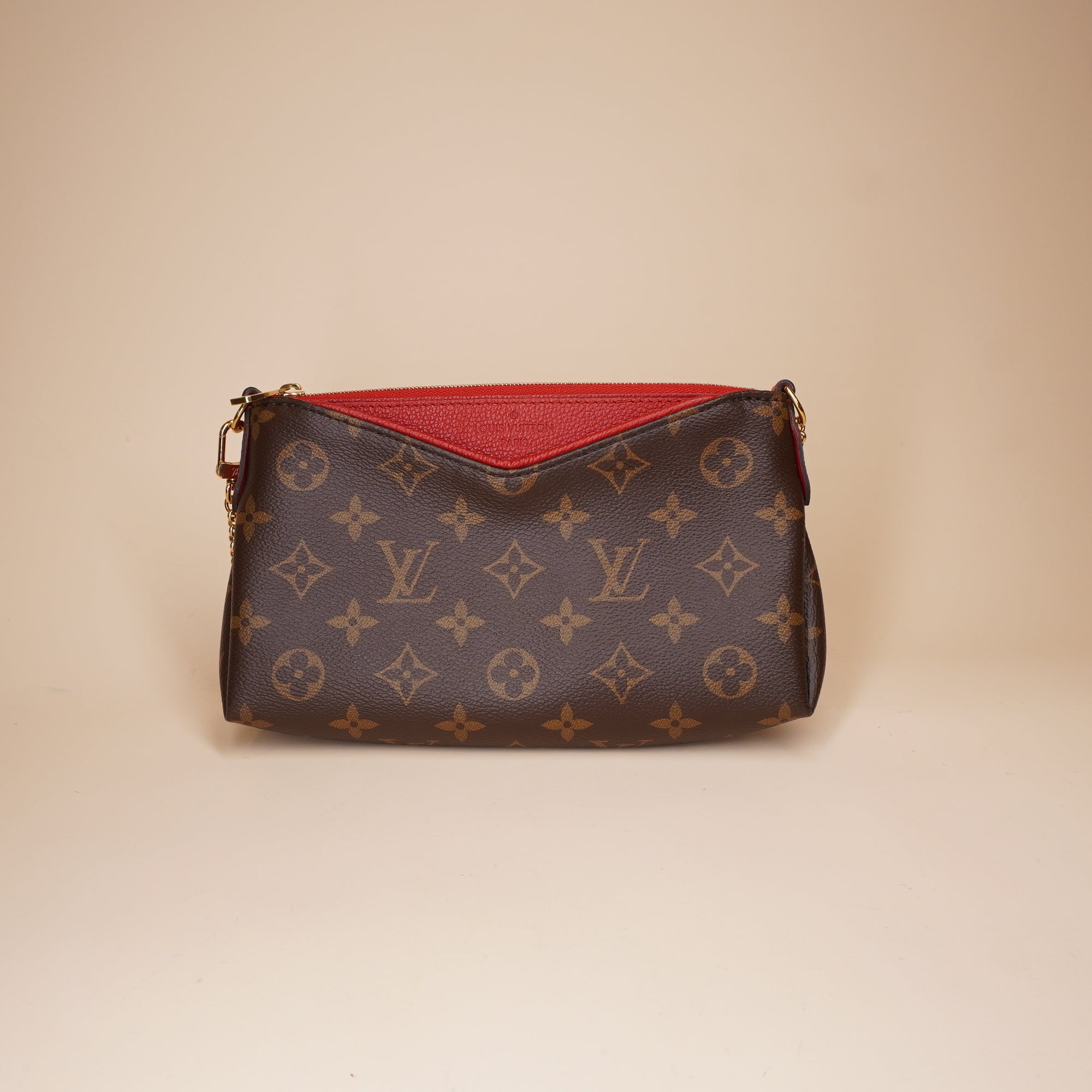 PRE-OWNED LV Monogram Pallas Clutch Cherry Red Gold Chain Strap
