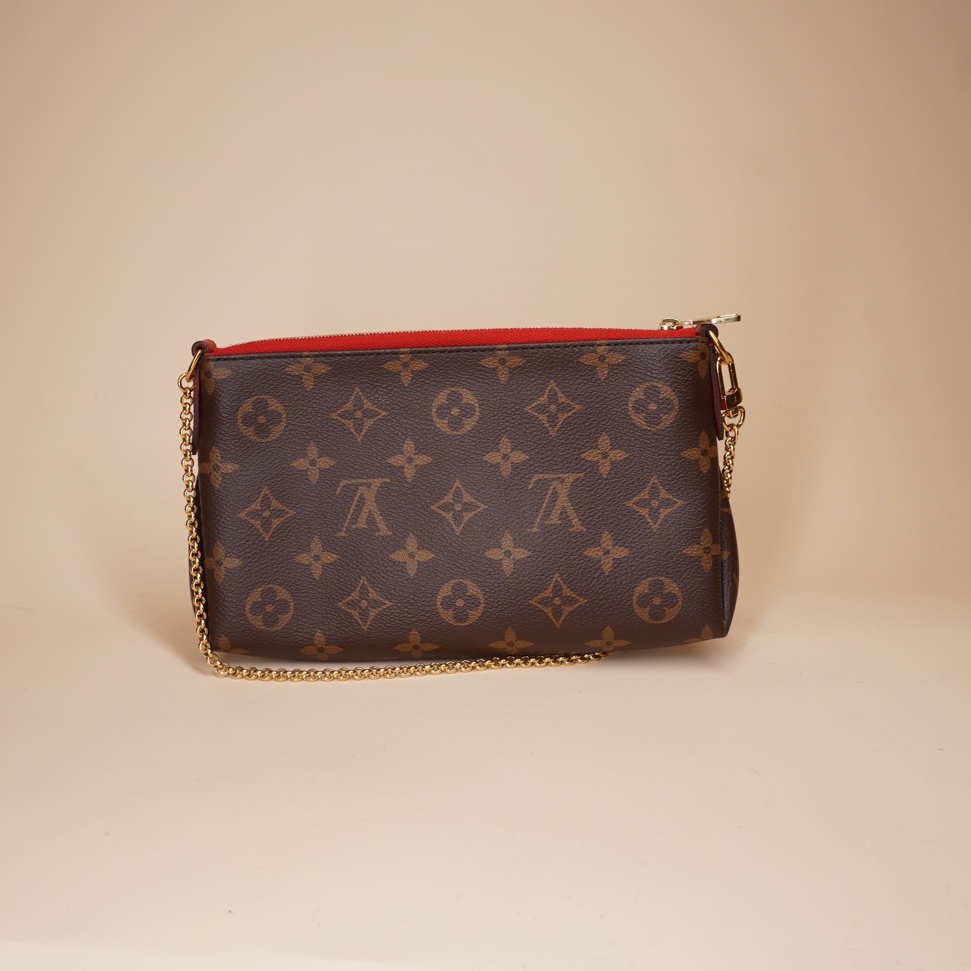 PRE-OWNED LV Monogram Pallas Clutch Cherry Red Gold Chain Strap