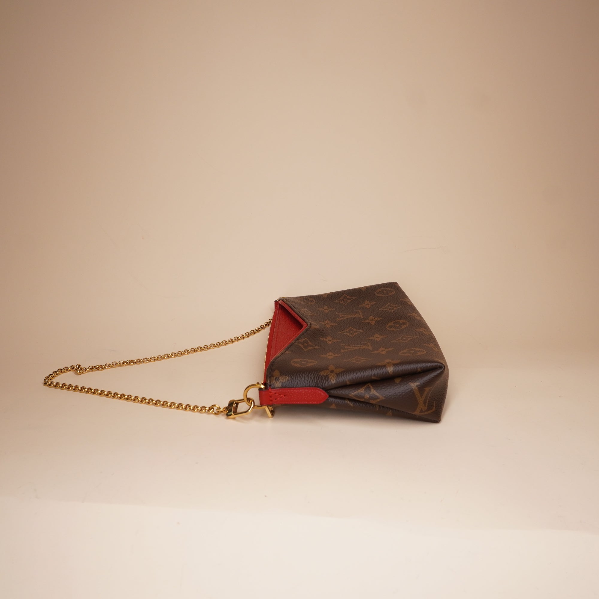 PRE-OWNED LV Monogram Pallas Clutch Cherry Red Gold Chain Strap