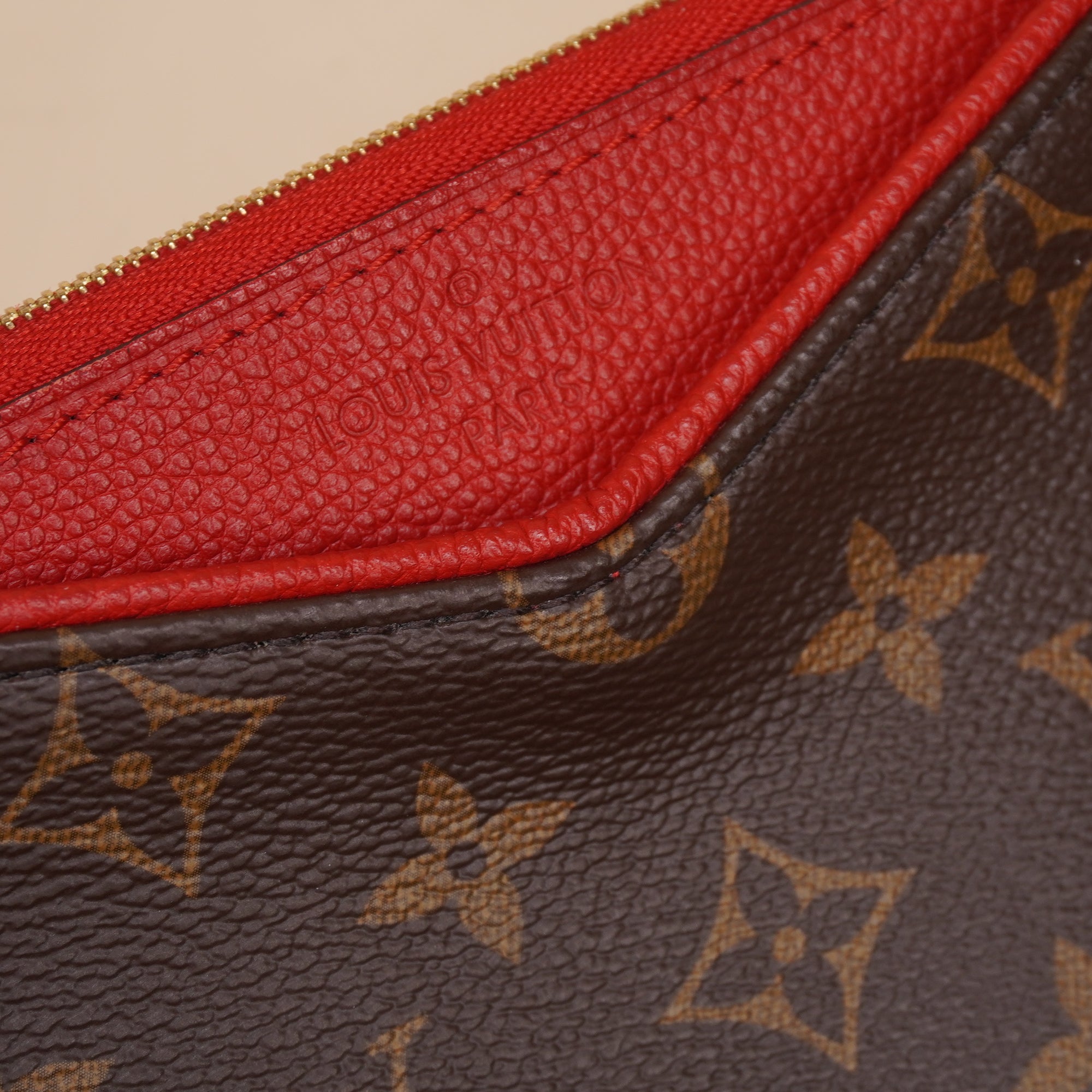PRE-OWNED LV Monogram Pallas Clutch Cherry Red Gold Chain Strap