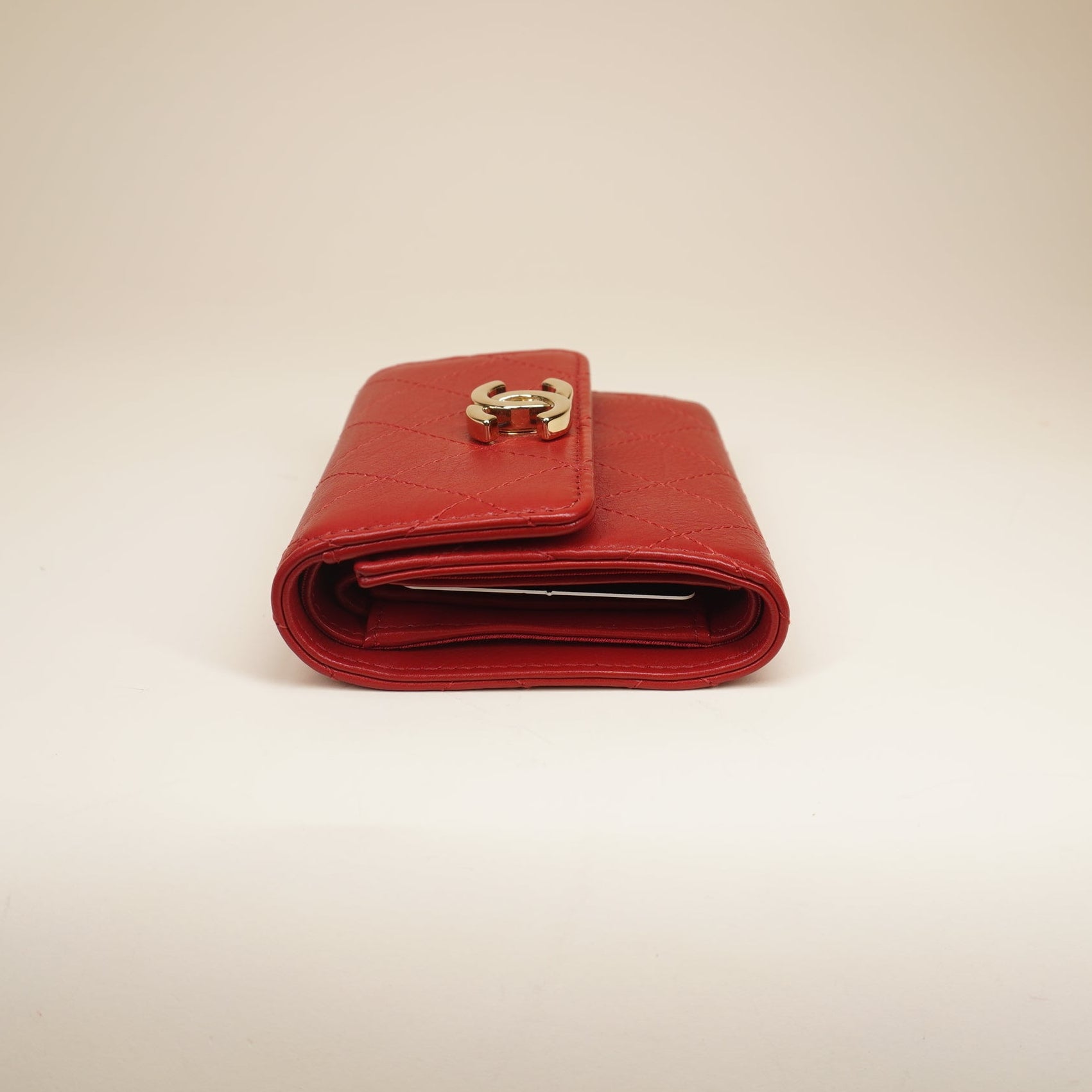 PRE-OWNED CC Trifold Wallet Stitched Calfskin Red Compact 