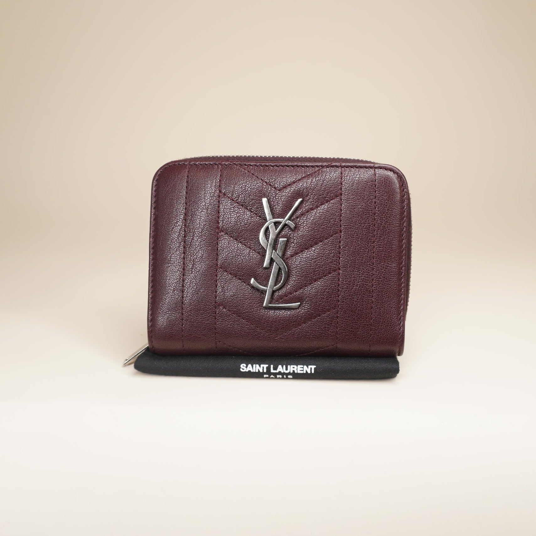 PRE-OWNED YSL Burgundy Leather Monogram Zip Around Short Wallet