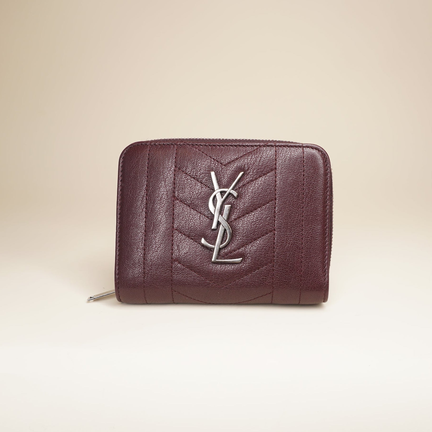 PRE-OWNED YSL Burgundy Leather Monogram Zip Around Short Wallet