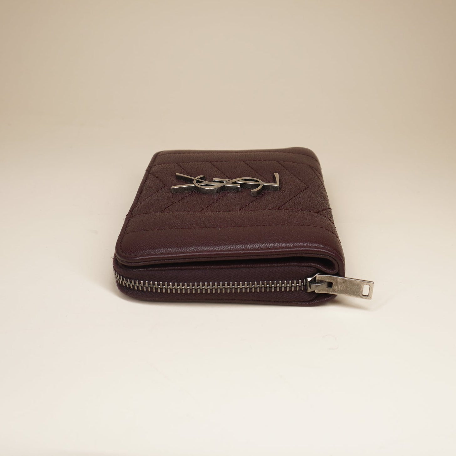 PRE-OWNED YSL Burgundy Leather Monogram Zip Around Short Wallet