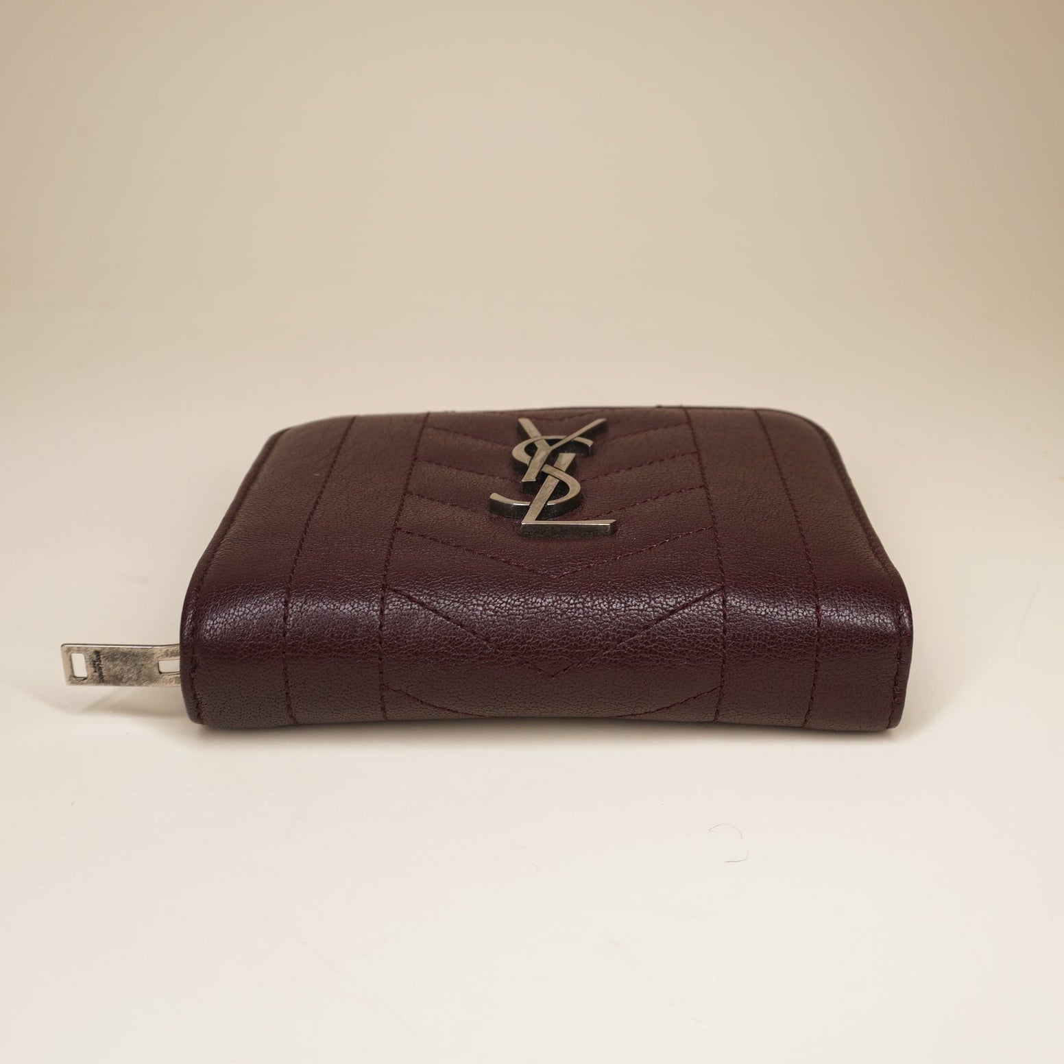 PRE-OWNED YSL Burgundy Leather Monogram Zip Around Short Wallet