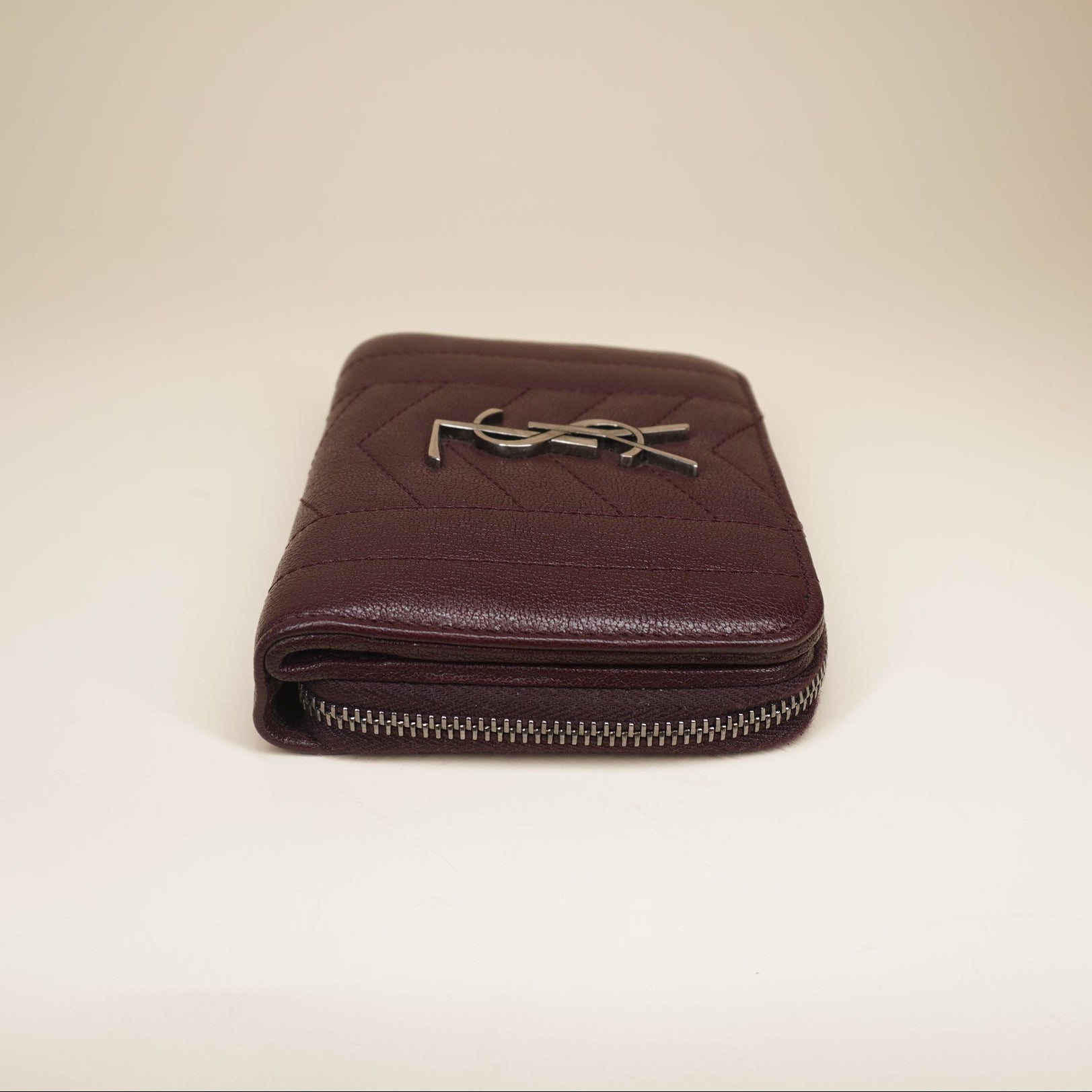 PRE-OWNED YSL Burgundy Leather Monogram Zip Around Short Wallet