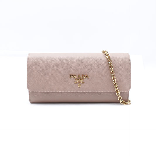 PRE-OWNED Beige Saffiano Leather Wallet on Chain