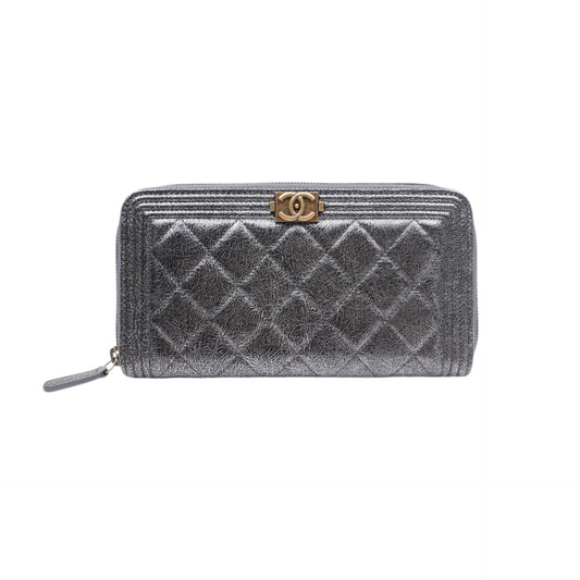 PRE-OWNED CC Cracked Metallic Calfskin Quilted Boy Long Zip Around Wallet