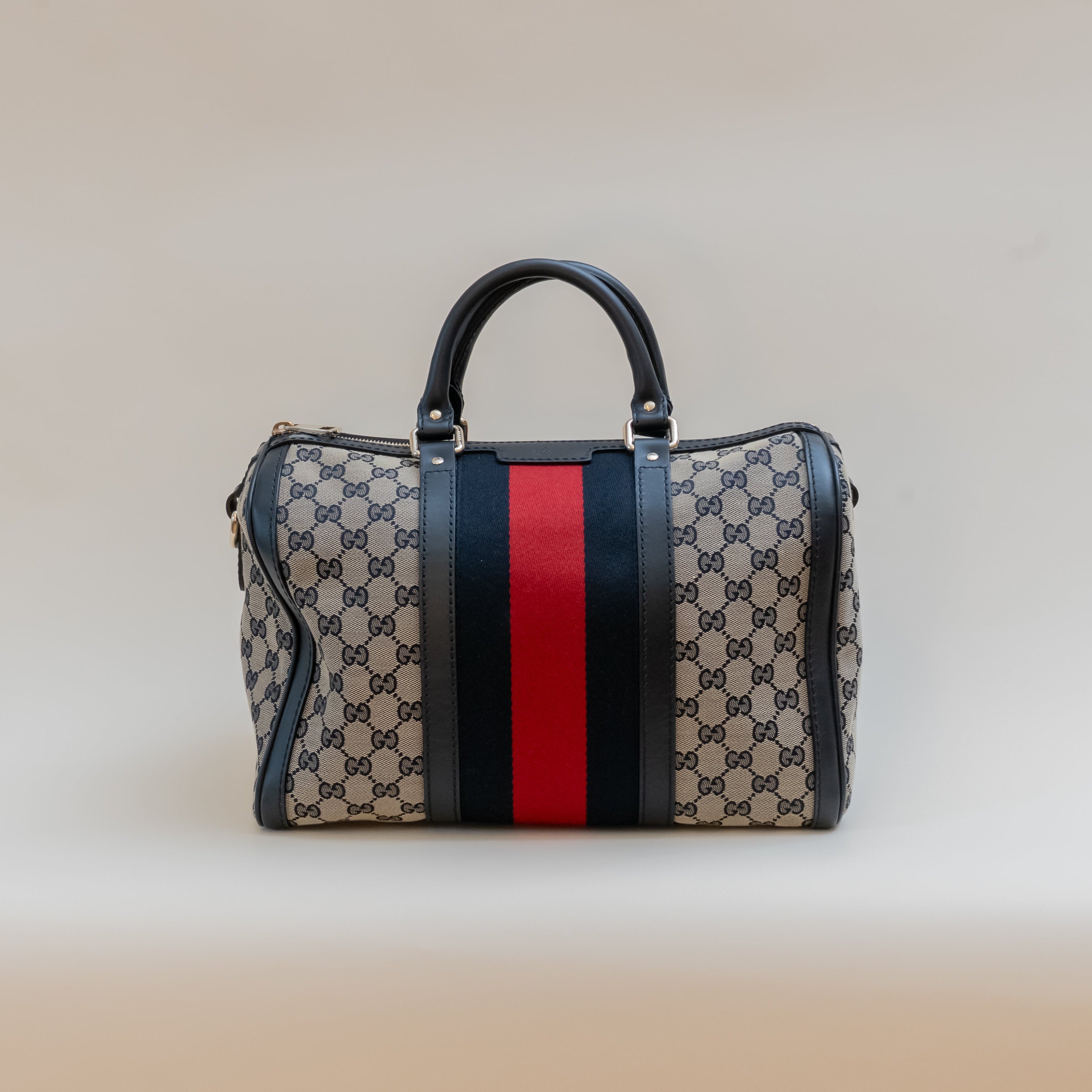 PRE-OWNED Navy Vintage Web Original GG Boston Bag