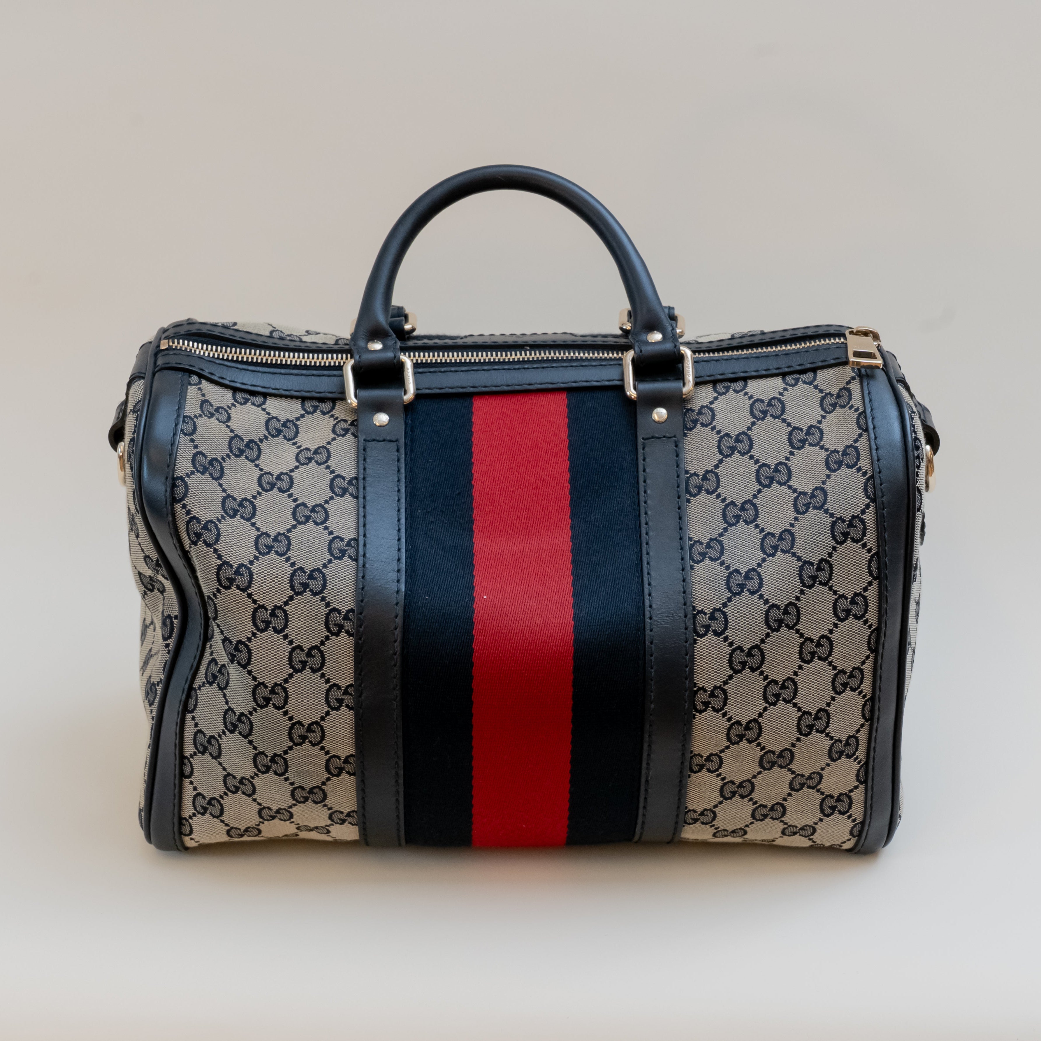 PRE-OWNED Navy Vintage Web Original GG Boston Bag