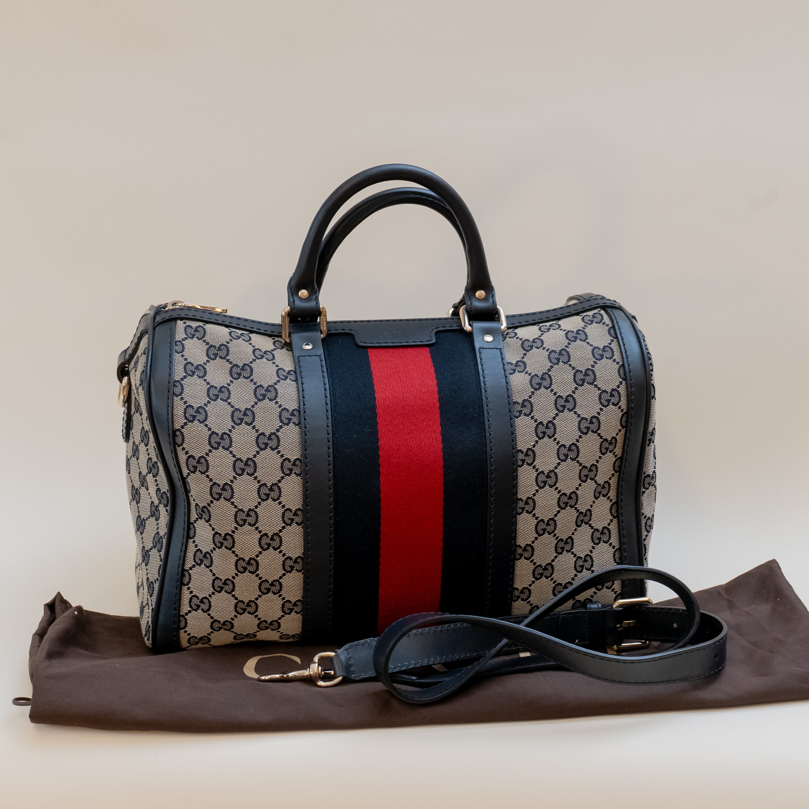 PRE-OWNED Navy Vintage Web Original GG Boston Bag