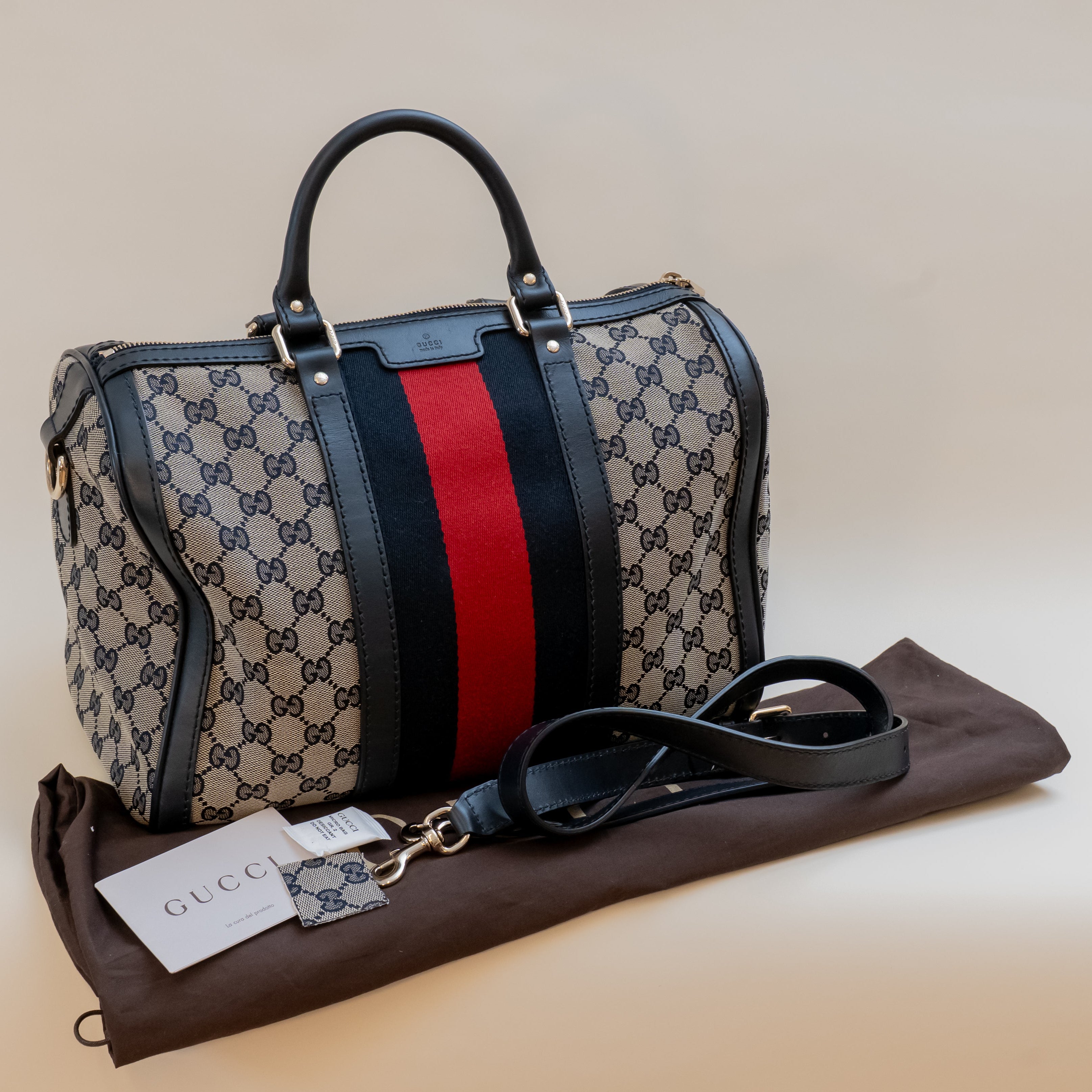 PRE-OWNED Navy Vintage Web Original GG Boston Bag