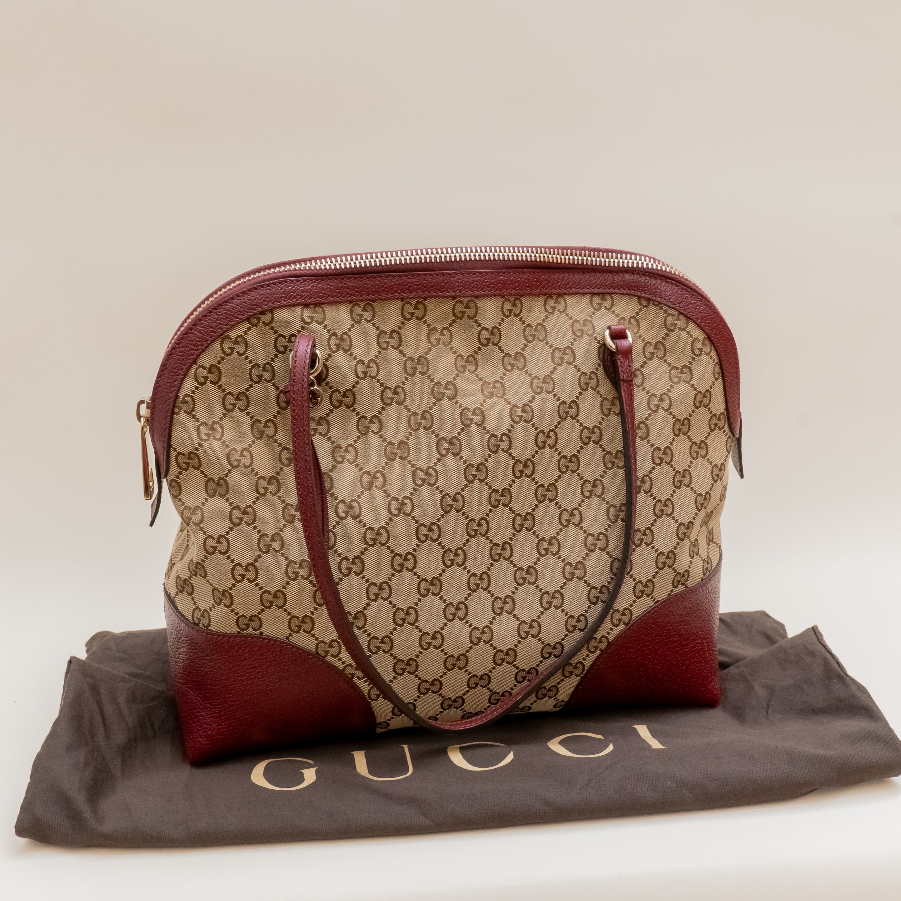 PRE-OWNED GG Canvas Bree Shoulder Bag Burgundy Beige