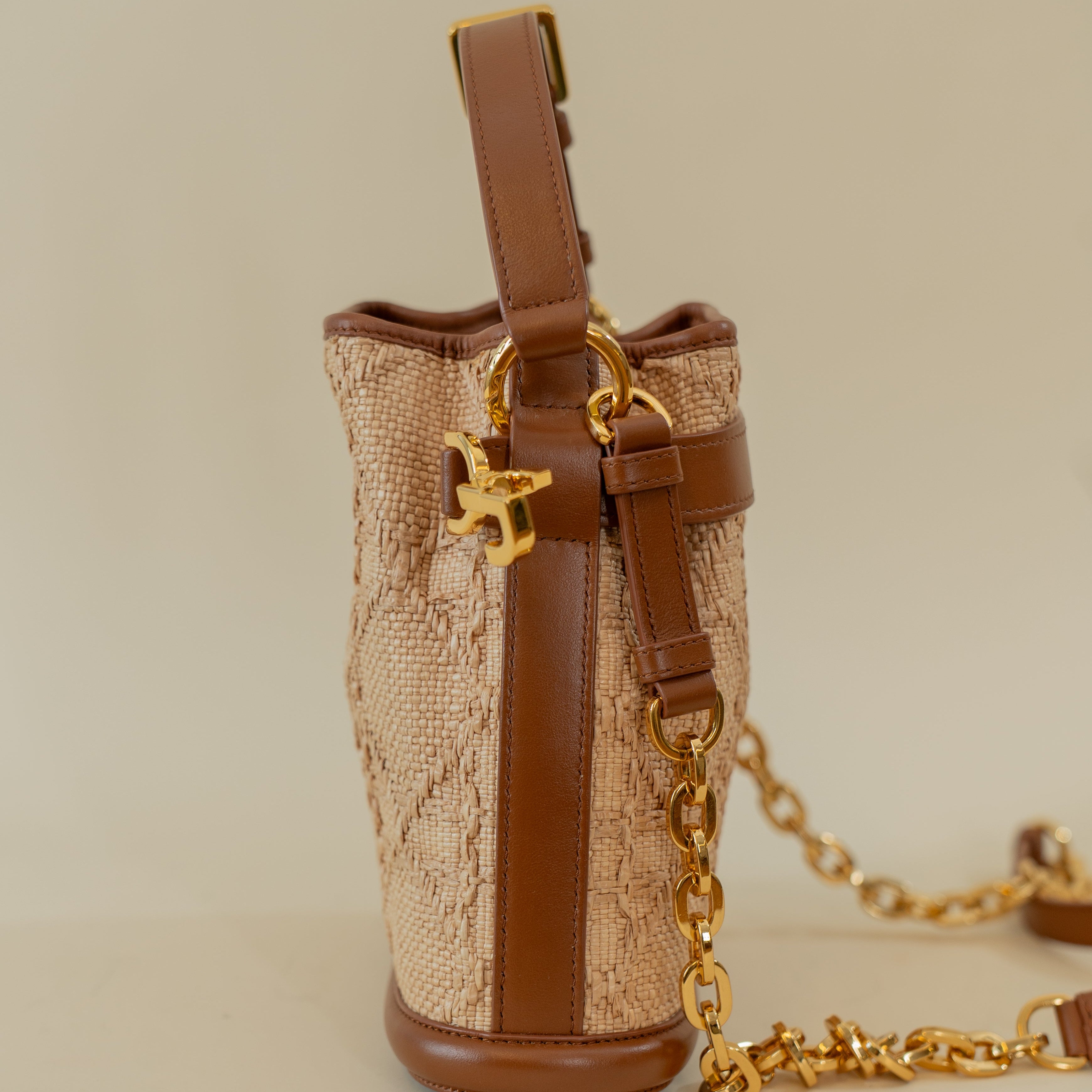 PRE-OWNED Raffia Calfskin Cannage Small C'est Dior Cannage Bucket Bag